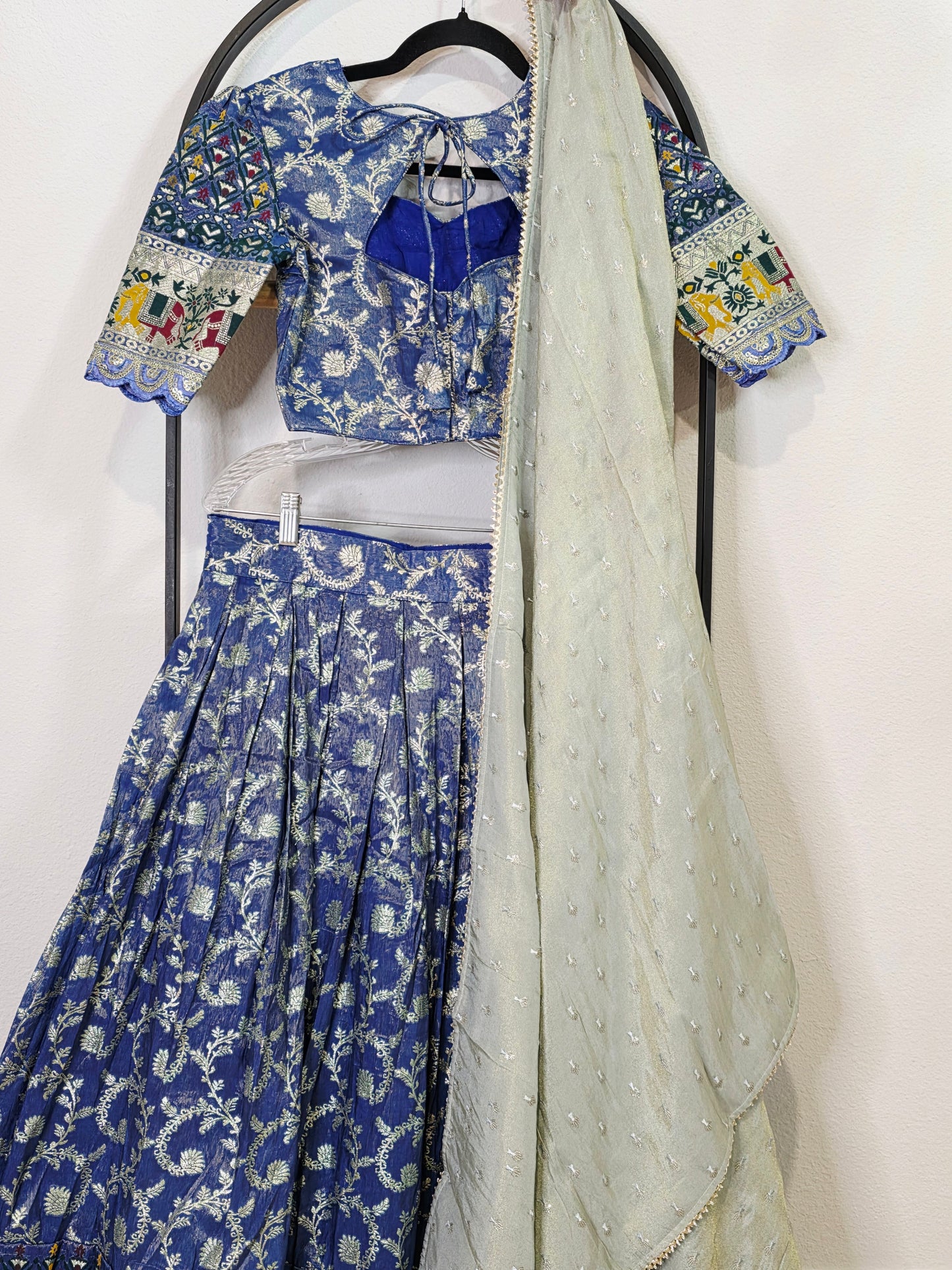 Munga Crepe Silk Paithani Border Half Saree Set for Juniors (Age 11+) | Royal Blue & Sage Green
