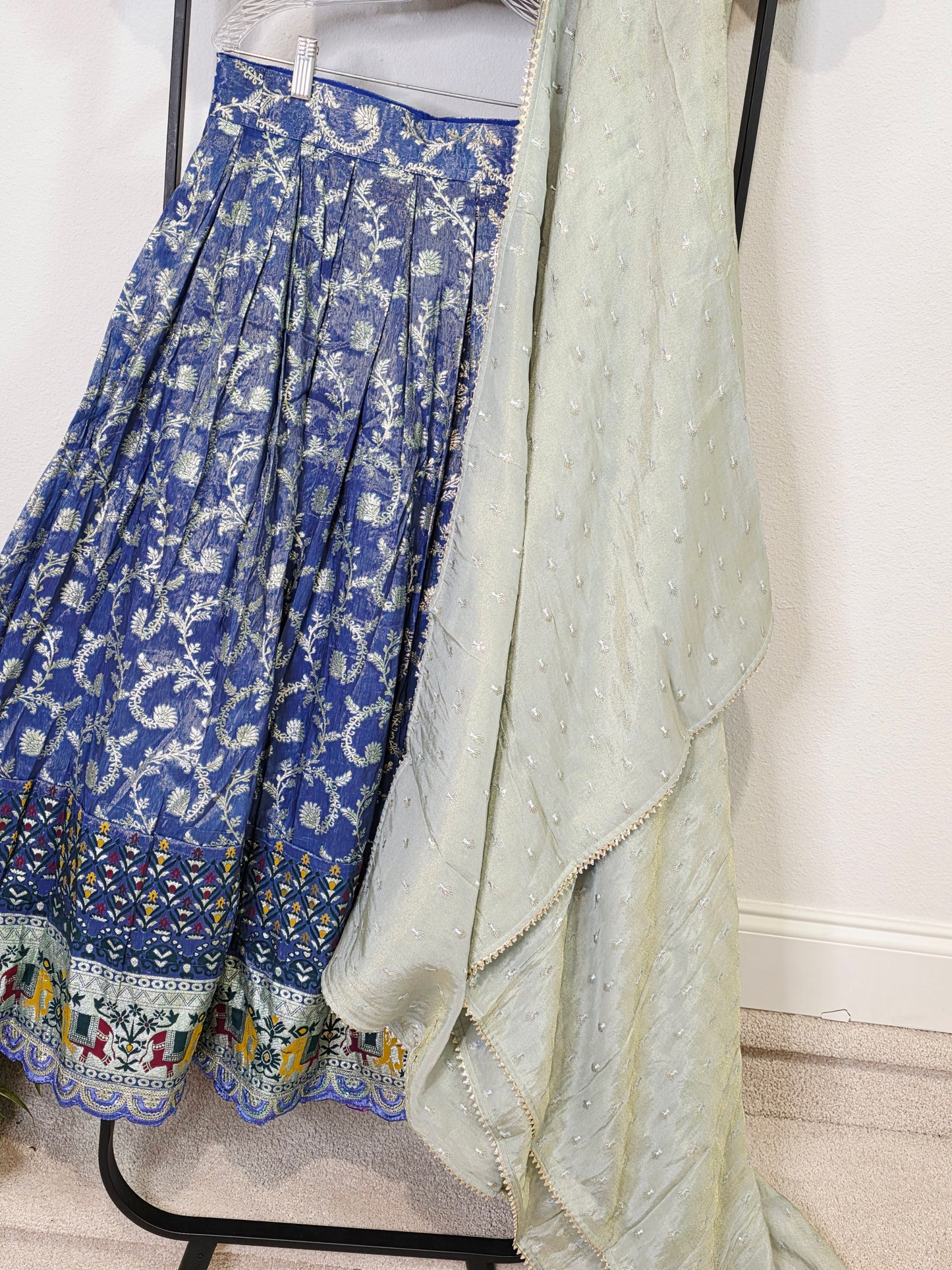 Munga Crepe Silk Paithani Border Half Saree Set for Juniors (Age 11+) | Royal Blue & Sage Green