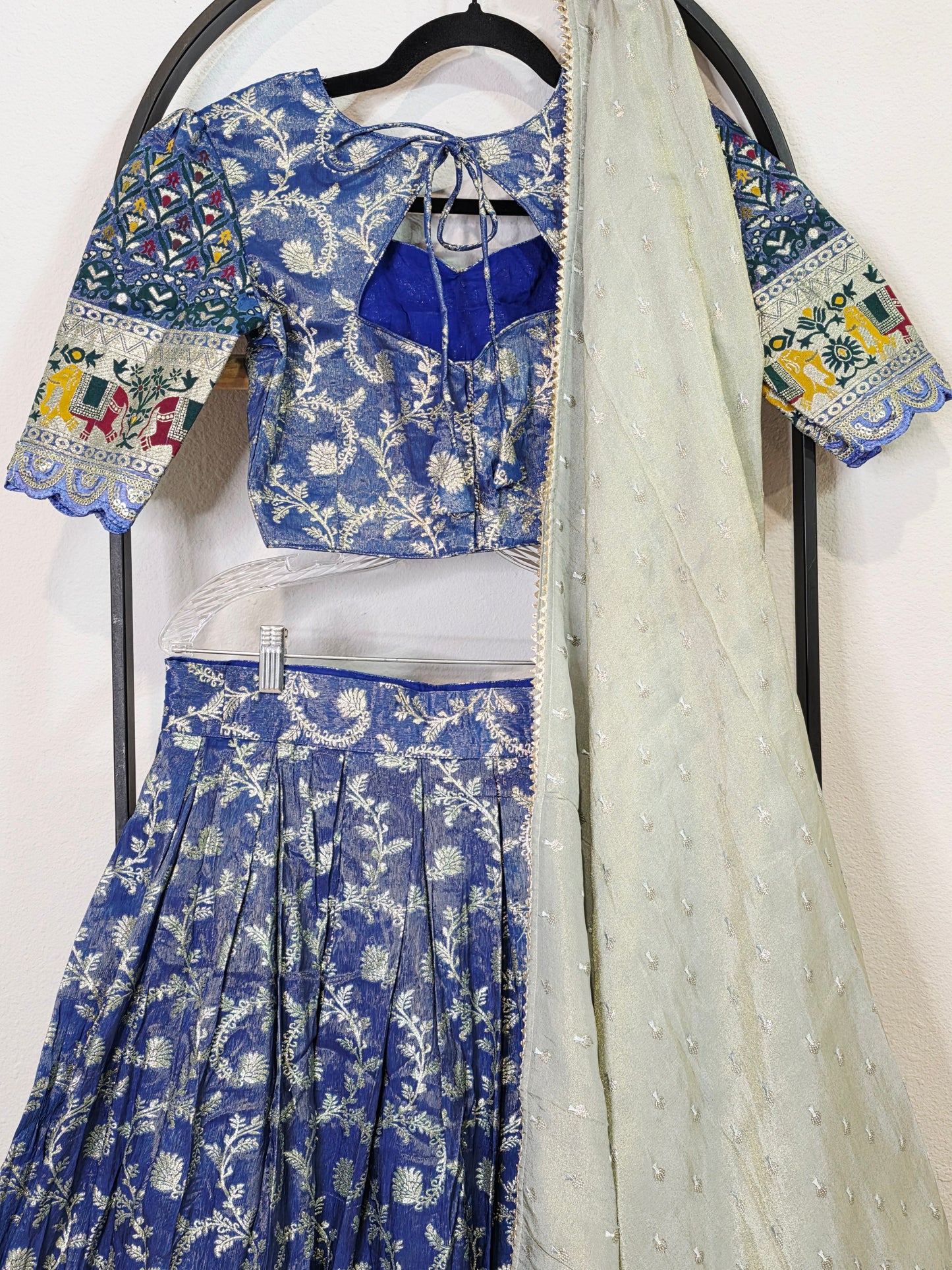 Munga Crepe Silk Paithani Border Half Saree Set for Juniors (Age 11+) | Royal Blue & Sage Green