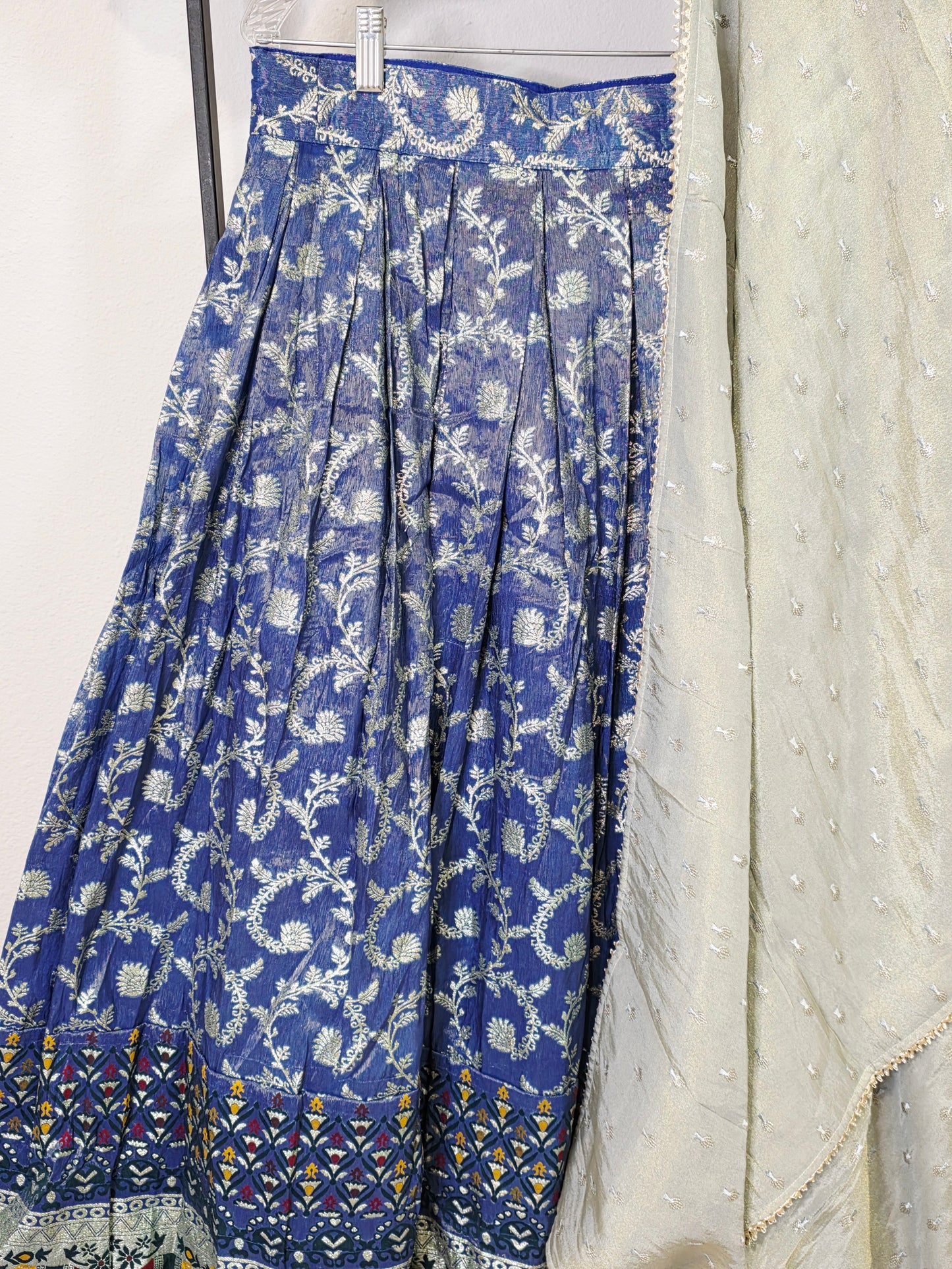 Munga Crepe Silk Paithani Border Half Saree Set for Juniors (Age 11+) | Royal Blue & Sage Green