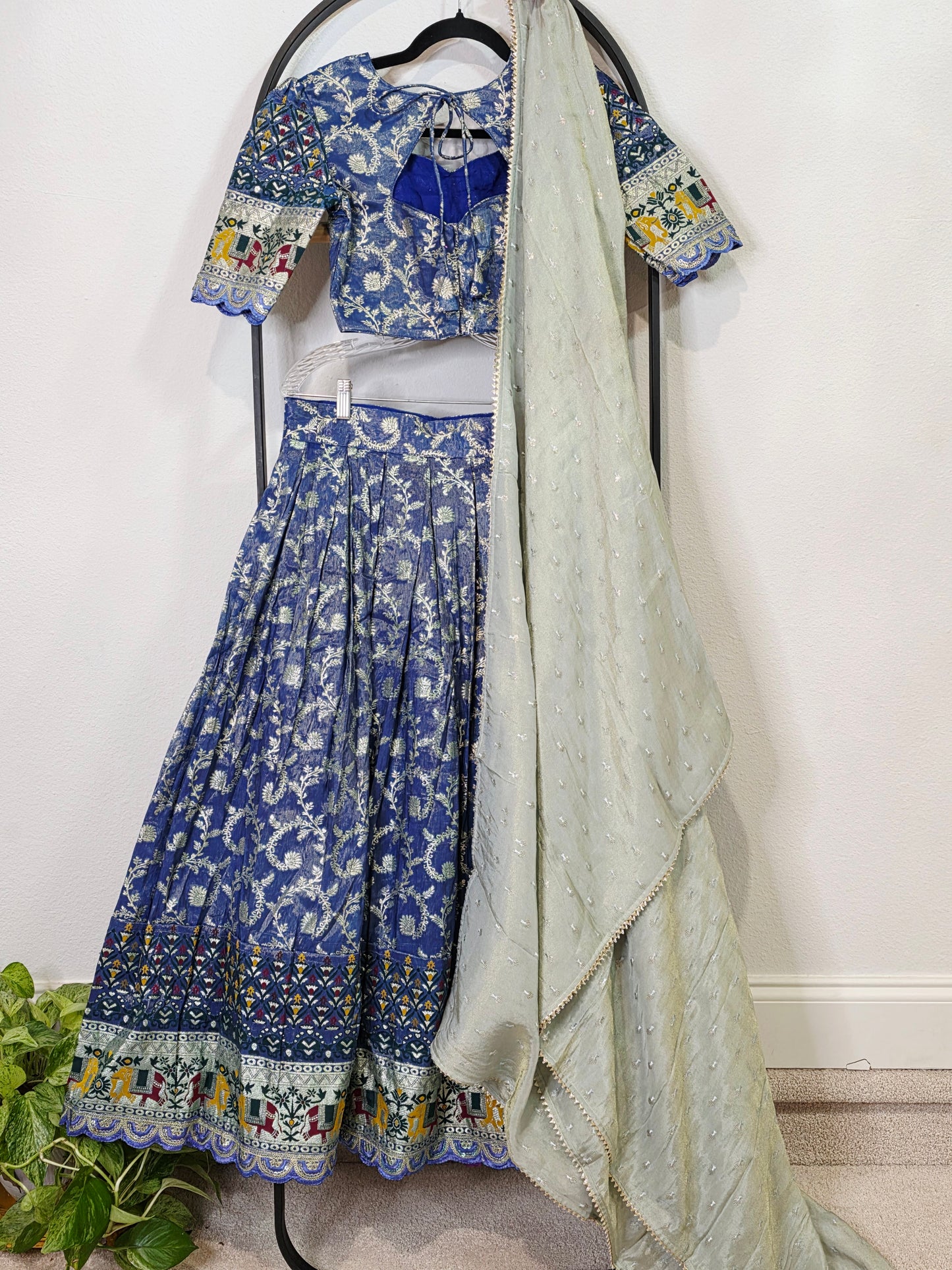 Munga Crepe Silk Paithani Border Half Saree Set for Juniors (Age 11+) | Royal Blue & Sage Green