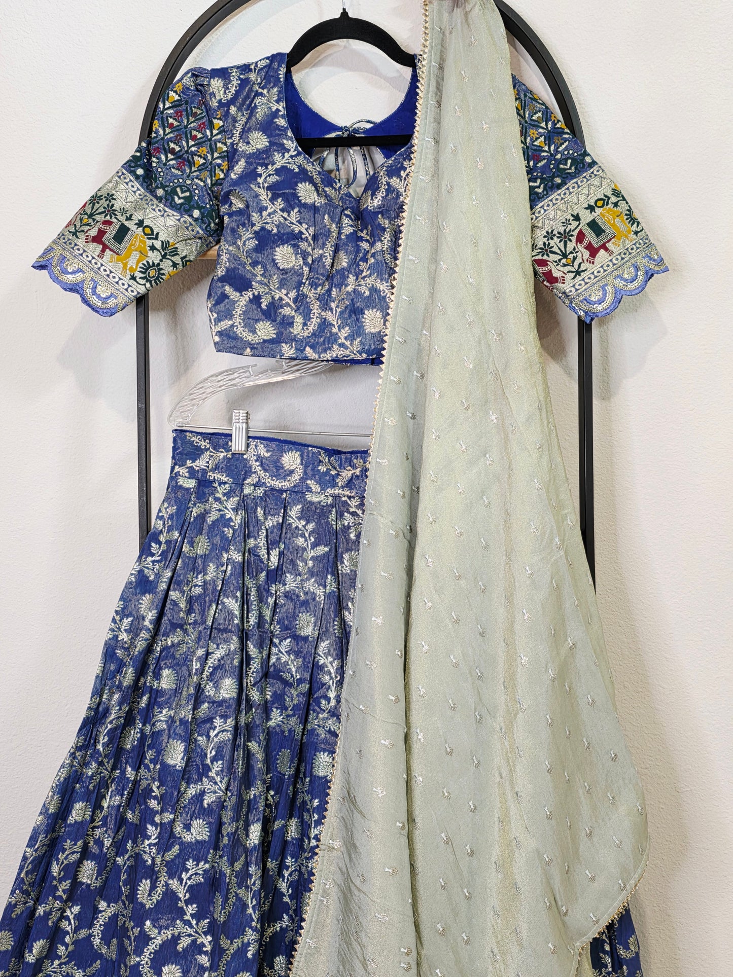 Munga Crepe Silk Paithani Border Half Saree Set for Juniors (Age 11+) | Royal Blue & Sage Green