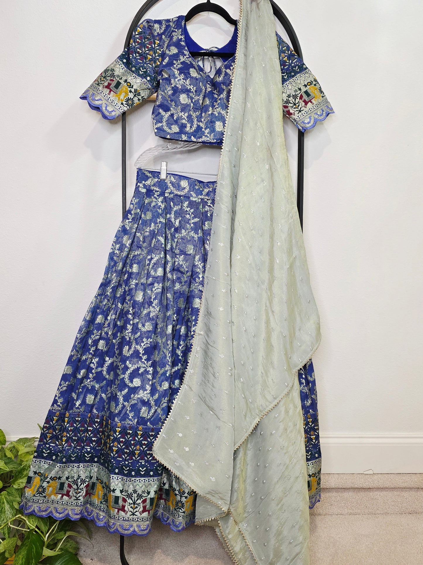 Munga Crepe Silk Paithani Border Half Saree Set for Juniors (Age 11+) | Royal Blue & Sage Green