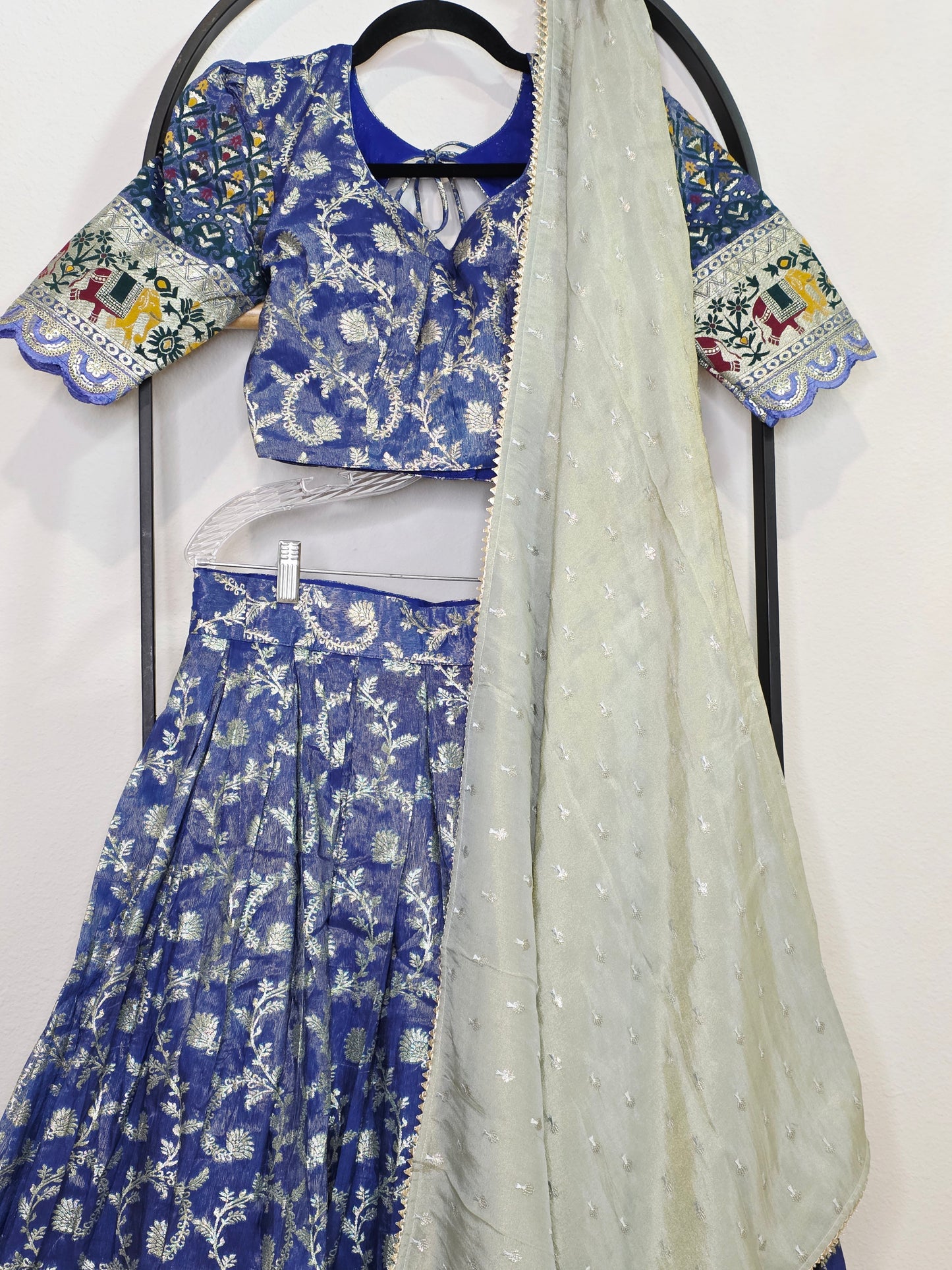 Munga Crepe Silk Paithani Border Half Saree Set for Juniors (Age 11+) | Royal Blue & Sage Green