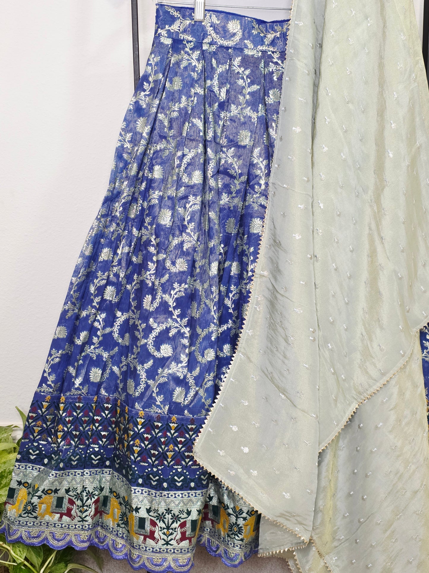 Munga Crepe Silk Paithani Border Half Saree Set for Juniors (Age 11+) | Royal Blue & Sage Green