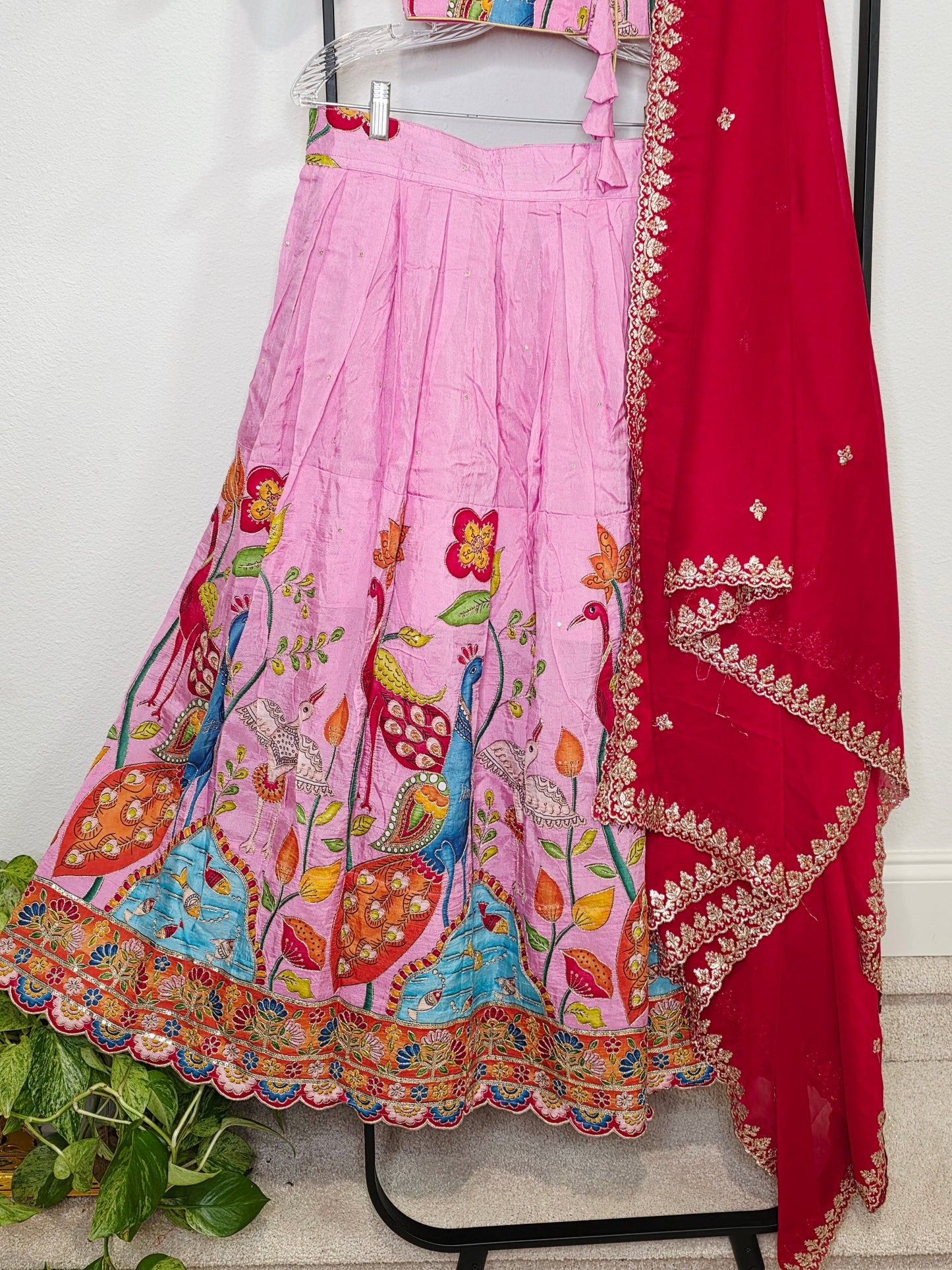 Blush Rose Munga Crepe Silk Lehenga with Peacock Kalamkari Print, Outline Embroidery & Crimson Embroidered Dupatta