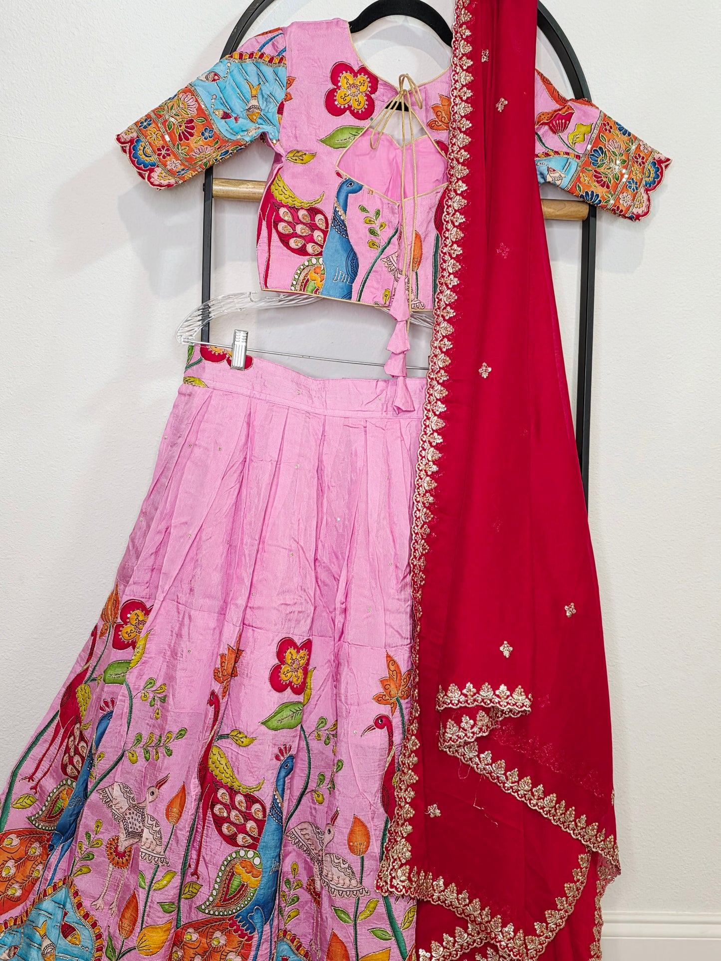 Blush Rose Munga Crepe Silk Lehenga with Peacock Kalamkari Print, Outline Embroidery & Crimson Embroidered Dupatta