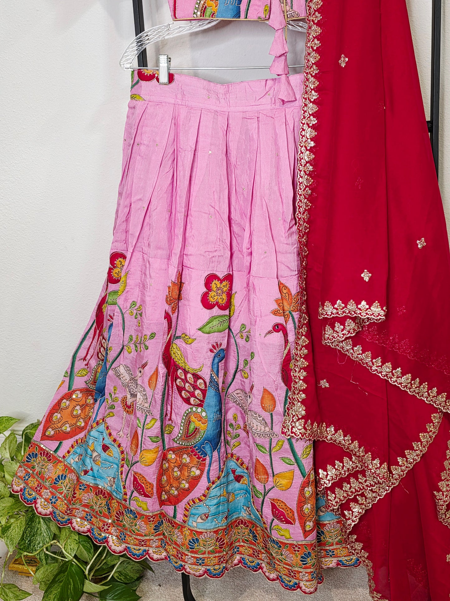 Blush Rose Munga Crepe Silk Lehenga with Peacock Kalamkari Print, Outline Embroidery & Crimson Embroidered Dupatta