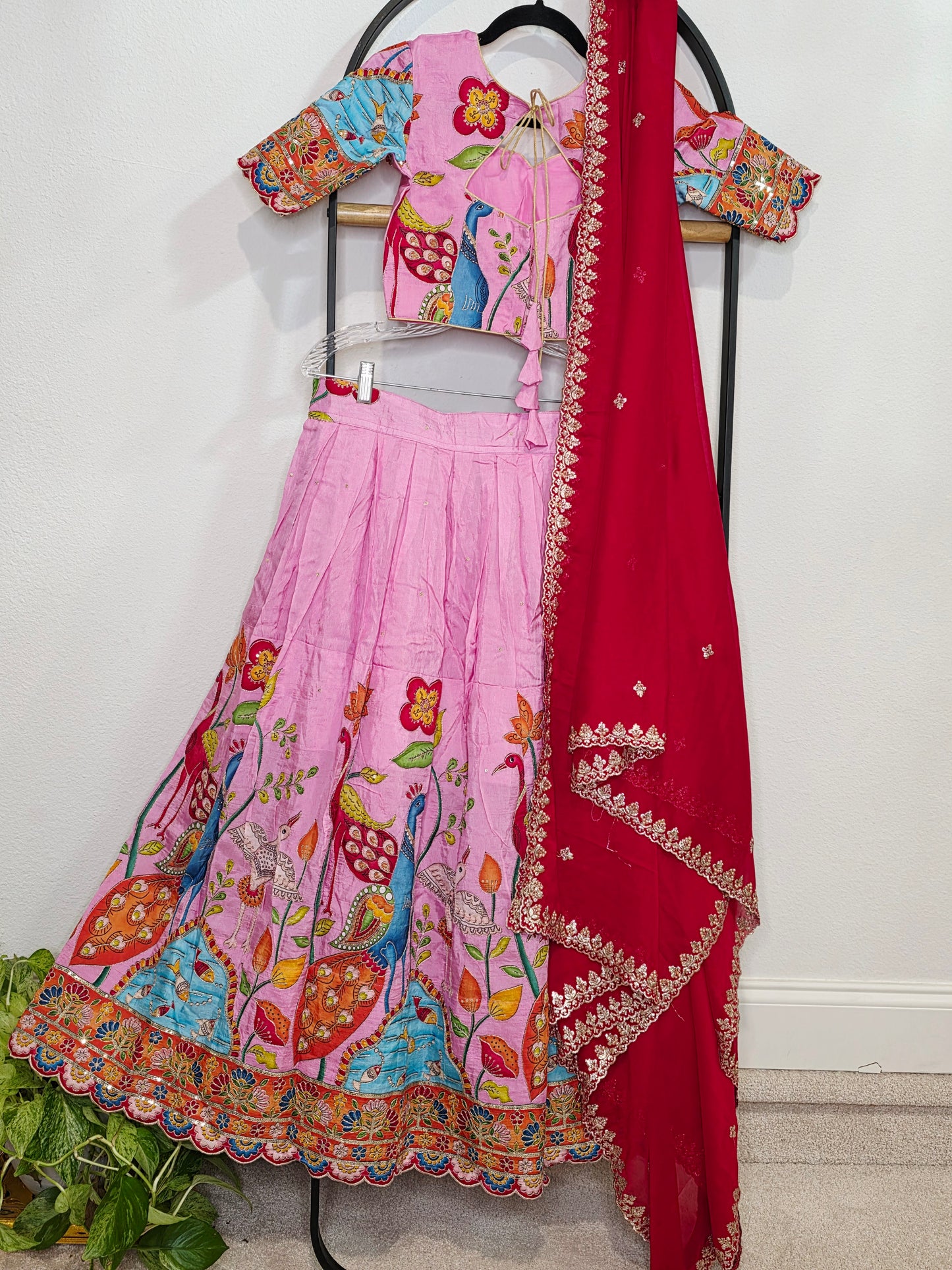 Blush Rose Munga Crepe Silk Lehenga with Peacock Kalamkari Print, Outline Embroidery & Crimson Embroidered Dupatta