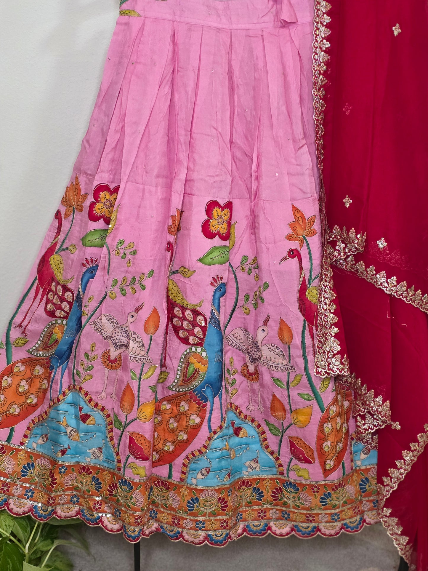 Blush Rose Munga Crepe Silk Lehenga with Peacock Kalamkari Print, Outline Embroidery & Crimson Embroidered Dupatta
