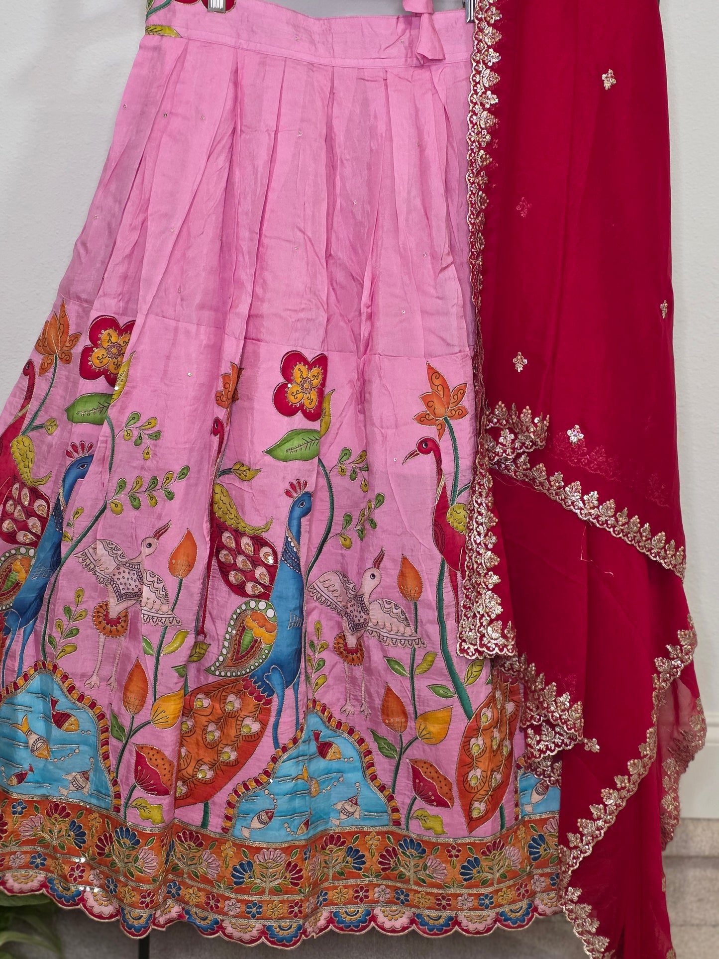 Blush Rose Munga Crepe Silk Lehenga with Peacock Kalamkari Print, Outline Embroidery & Crimson Embroidered Dupatta