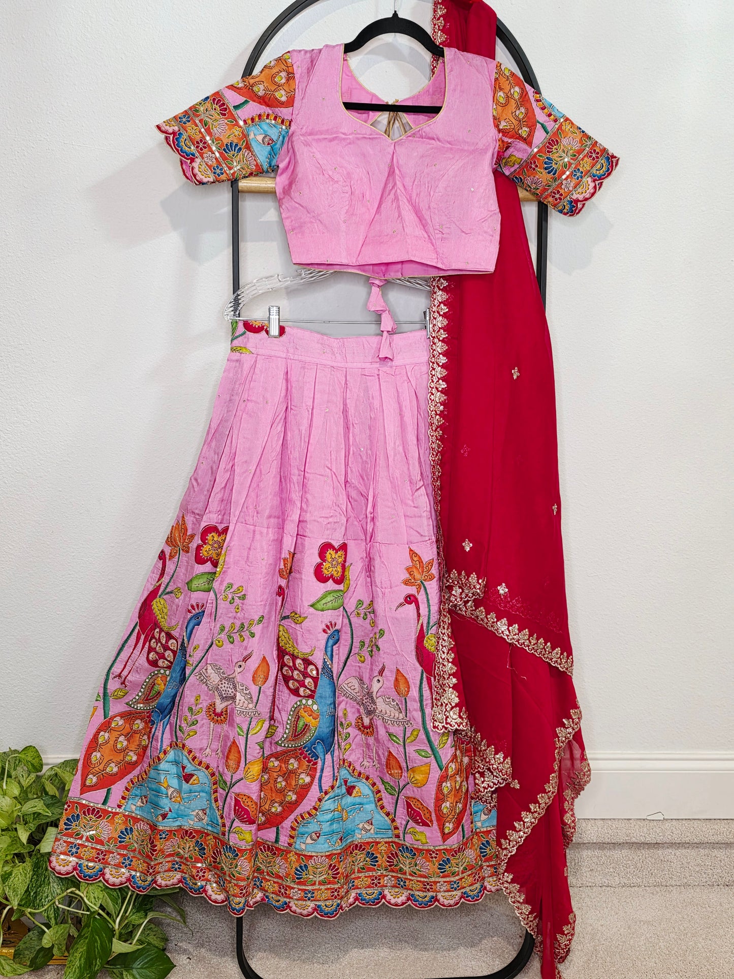Blush Rose Munga Crepe Silk Lehenga with Peacock Kalamkari Print, Outline Embroidery & Crimson Embroidered Dupatta