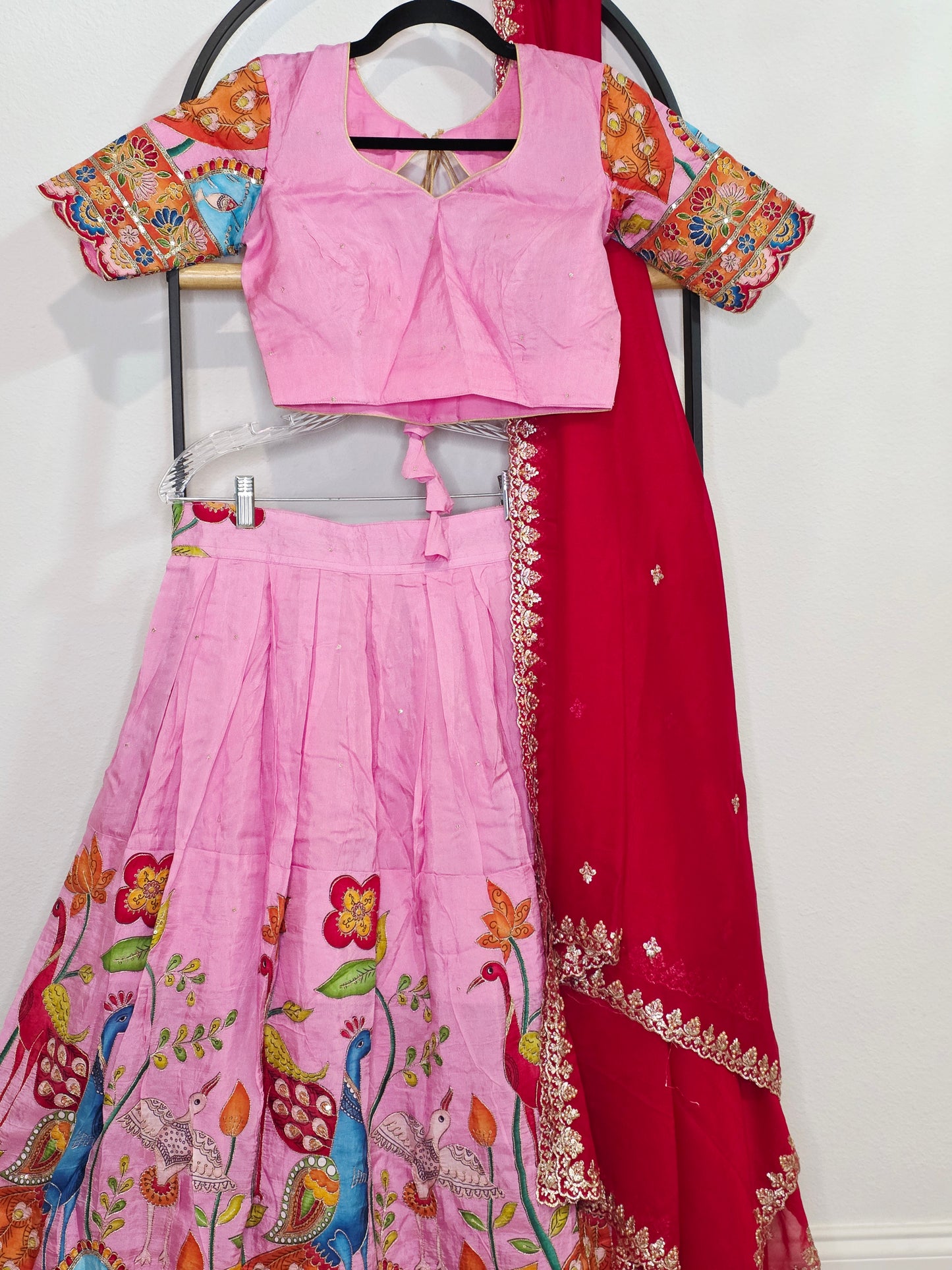 Blush Rose Munga Crepe Silk Lehenga with Peacock Kalamkari Print, Outline Embroidery & Crimson Embroidered Dupatta