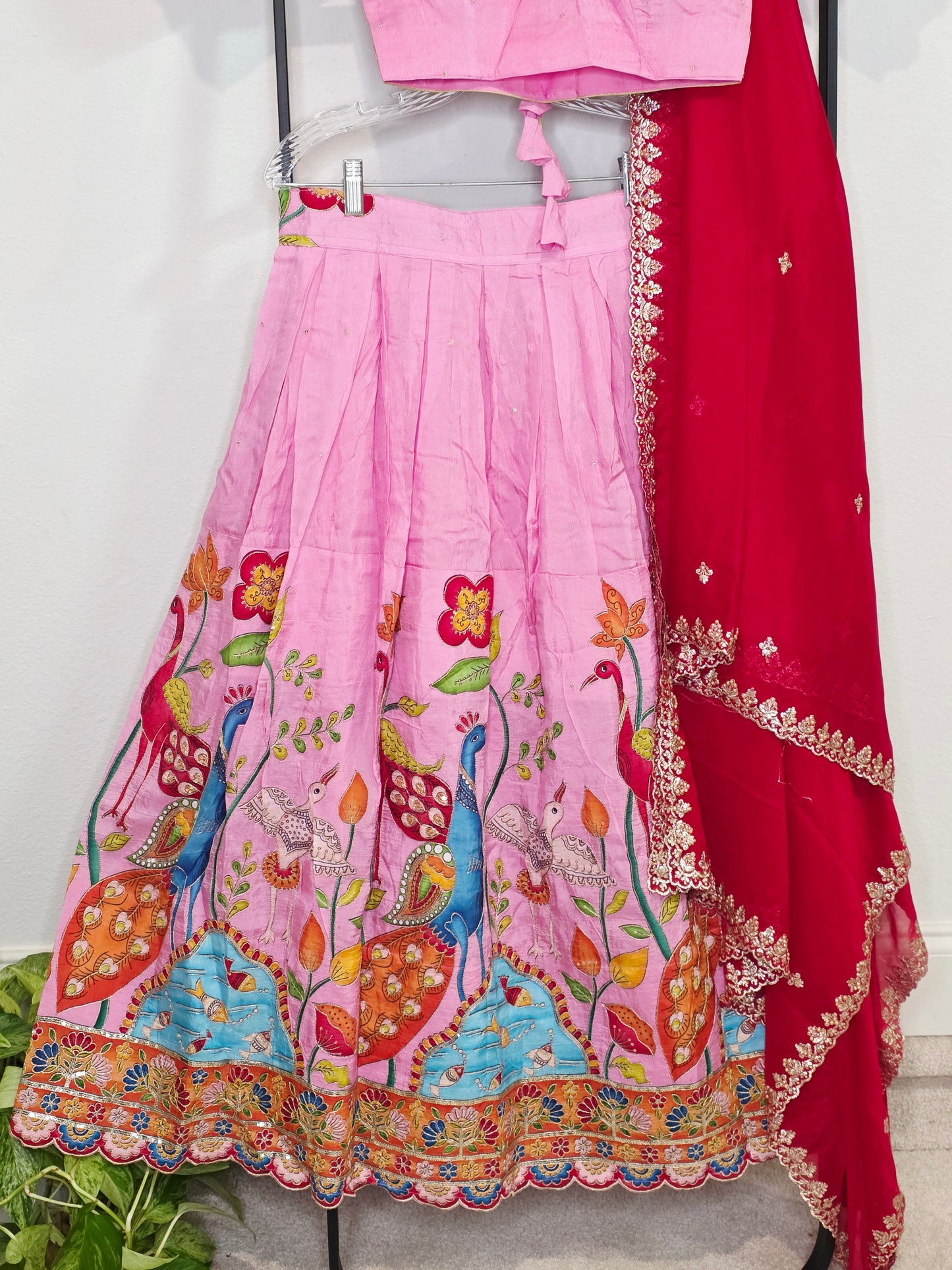 Blush Rose Munga Crepe Silk Lehenga with Peacock Kalamkari Print, Outline Embroidery & Crimson Embroidered Dupatta