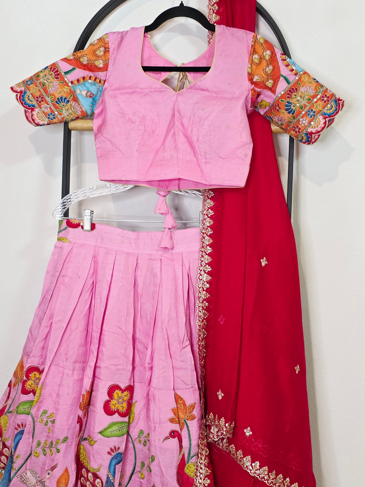 Blush Rose Munga Crepe Silk Lehenga with Peacock Kalamkari Print, Outline Embroidery & Crimson Embroidered Dupatta