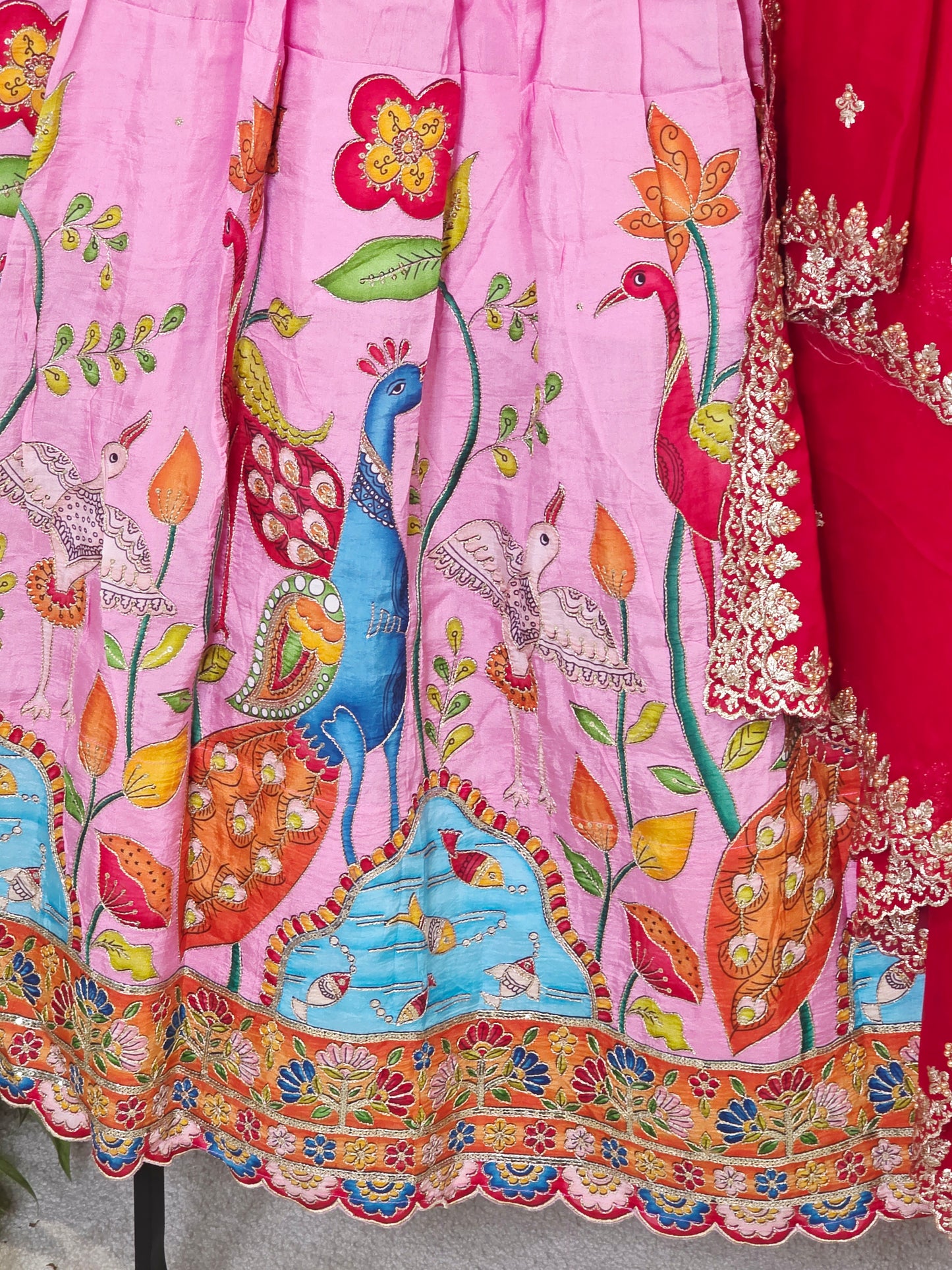 Blush Rose Munga Crepe Silk Lehenga with Peacock Kalamkari Print, Outline Embroidery & Crimson Embroidered Dupatta