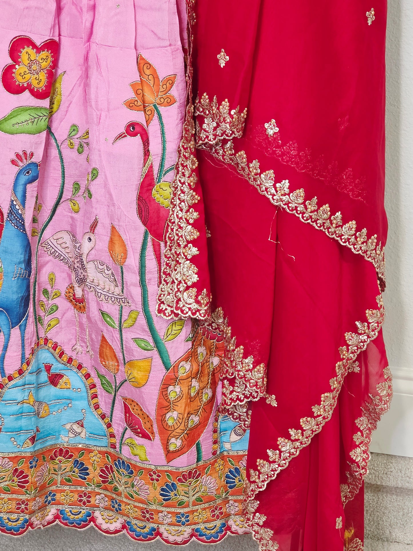 Blush Rose Munga Crepe Silk Lehenga with Peacock Kalamkari Print, Outline Embroidery & Crimson Embroidered Dupatta