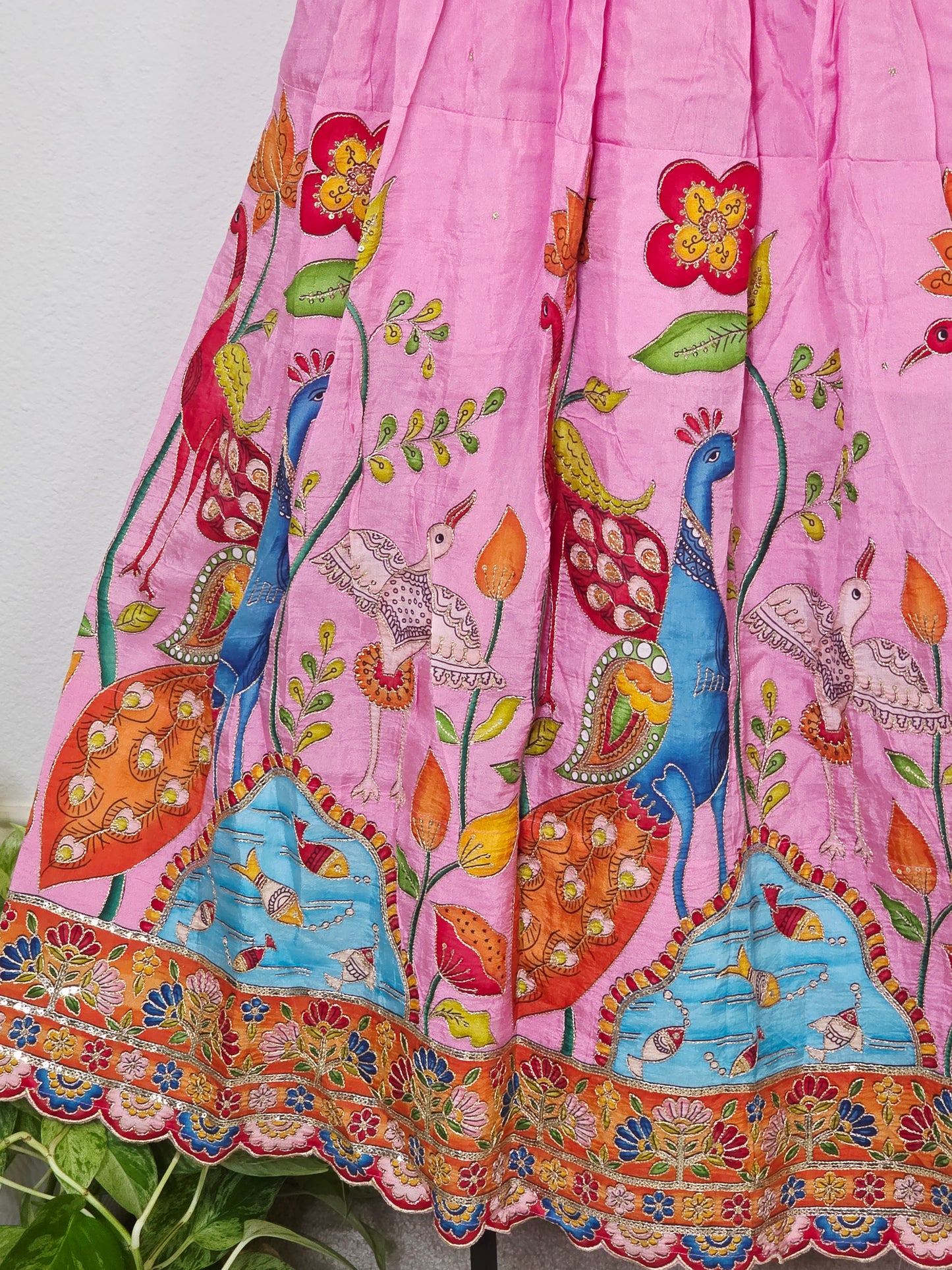 Blush Rose Munga Crepe Silk Lehenga with Peacock Kalamkari Print, Outline Embroidery & Crimson Embroidered Dupatta