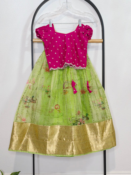 Green Organza Lehenga with Pink Chinnon Chiffon Blouse for Girls (Age 3–4)