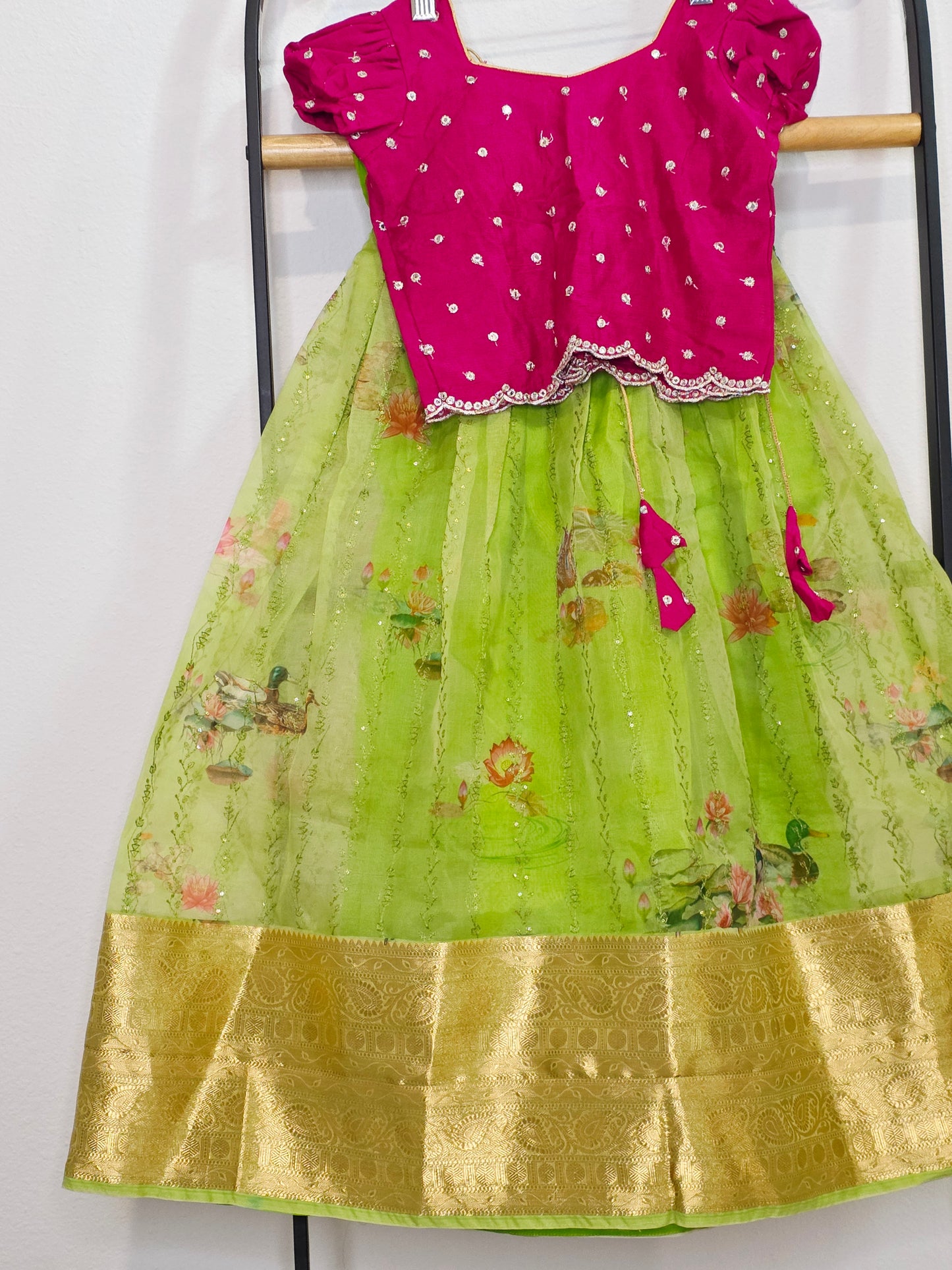 Green Organza Lehenga with Pink Chinnon Chiffon Blouse for Girls (Age 3–4)