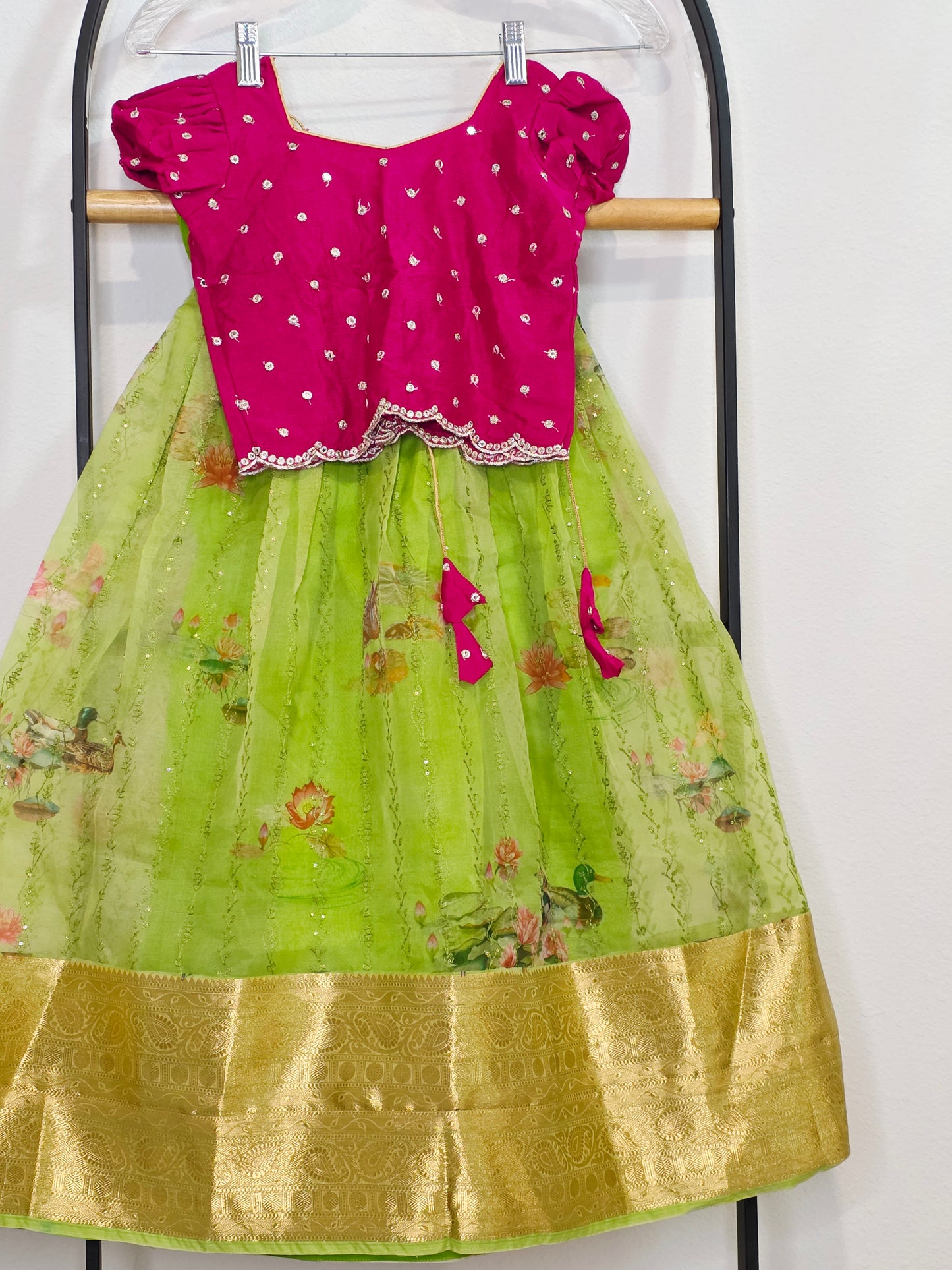 Green Organza Lehenga with Pink Chinnon Chiffon Blouse for Girls (Age 3–4)