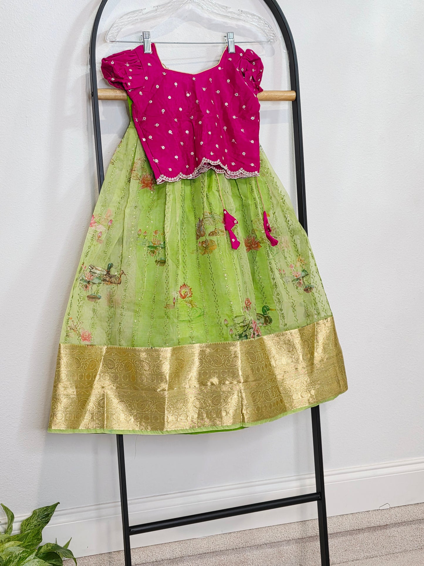 Green Organza Lehenga with Pink Chinnon Chiffon Blouse for Girls (Age 3–4)