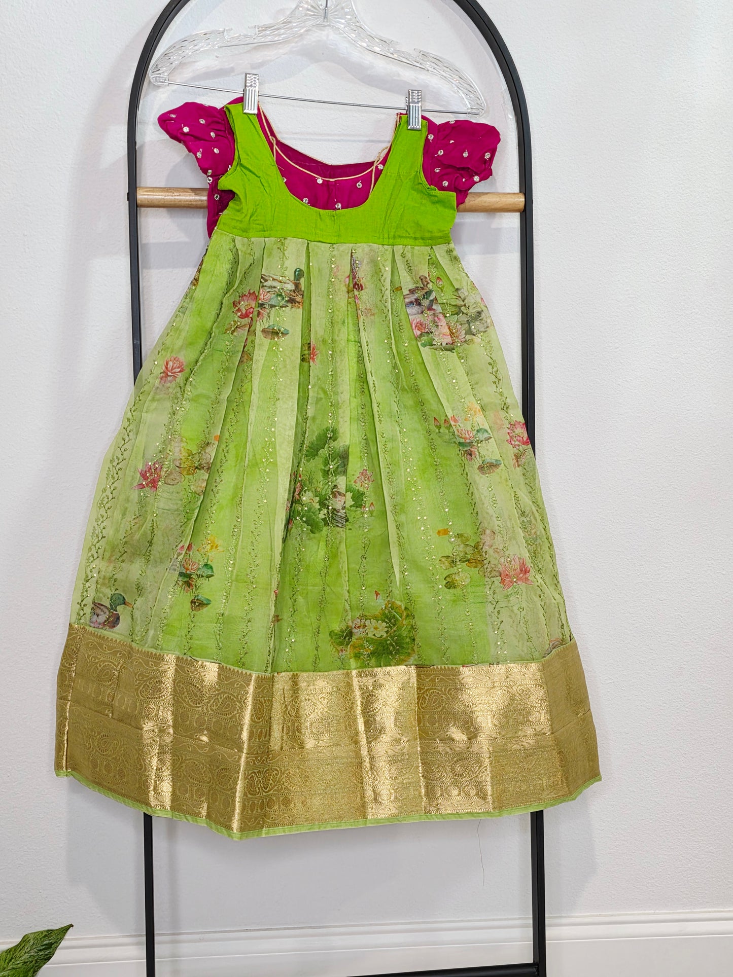 Green Organza Lehenga with Pink Chinnon Chiffon Blouse for Girls (Age 3–4)