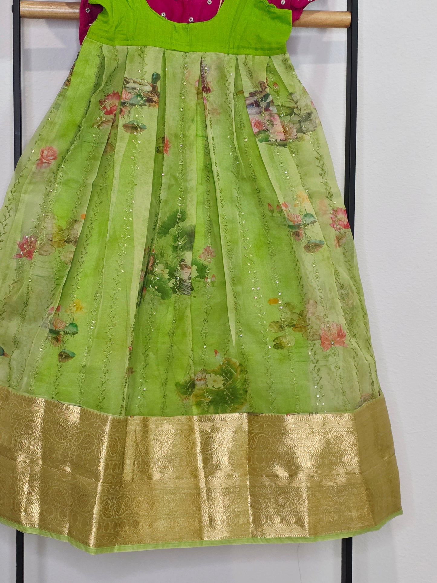 Green Organza Lehenga with Pink Chinnon Chiffon Blouse for Girls (Age 3–4)