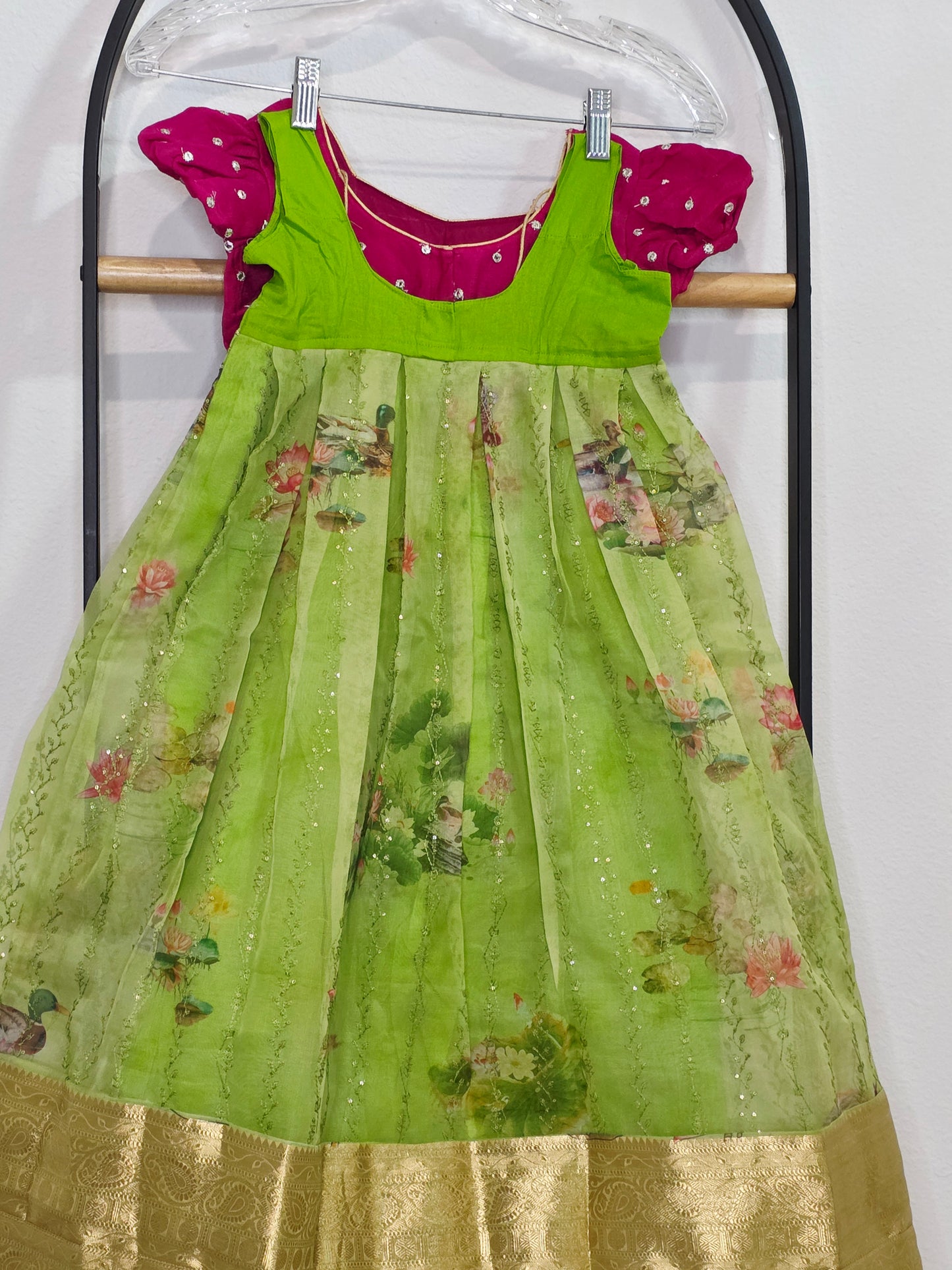 Green Organza Lehenga with Pink Chinnon Chiffon Blouse for Girls (Age 3–4)