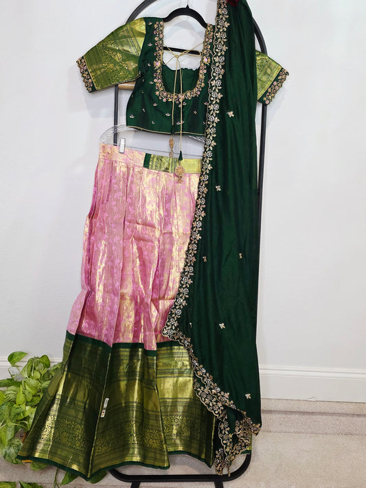 Emerald Green & Rose Gold Pure Kanchi Silk Lehenga Set with Embroidered Dupatta