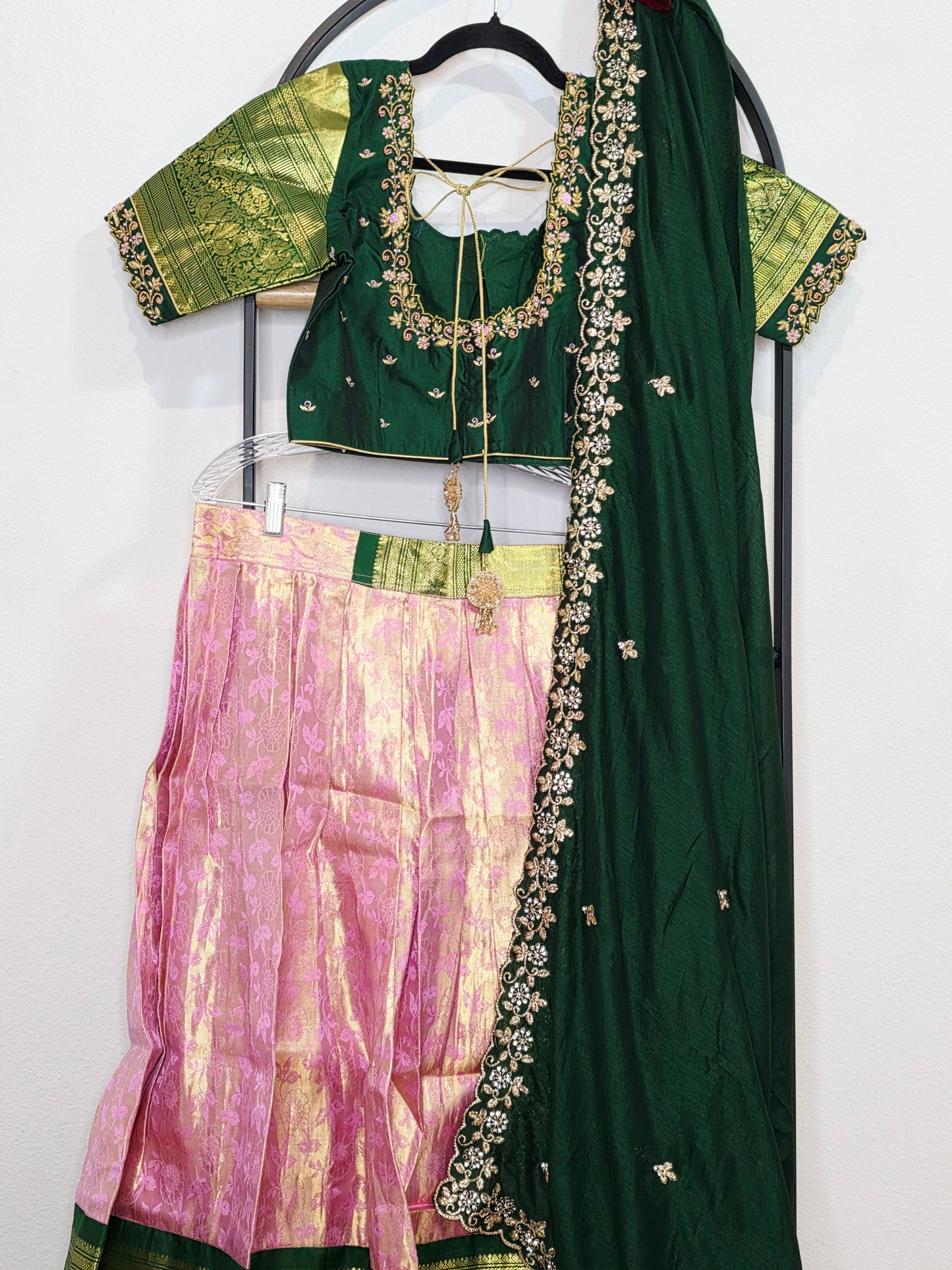 Emerald Green & Rose Gold Pure Kanchi Silk Lehenga Set with Embroidered Dupatta