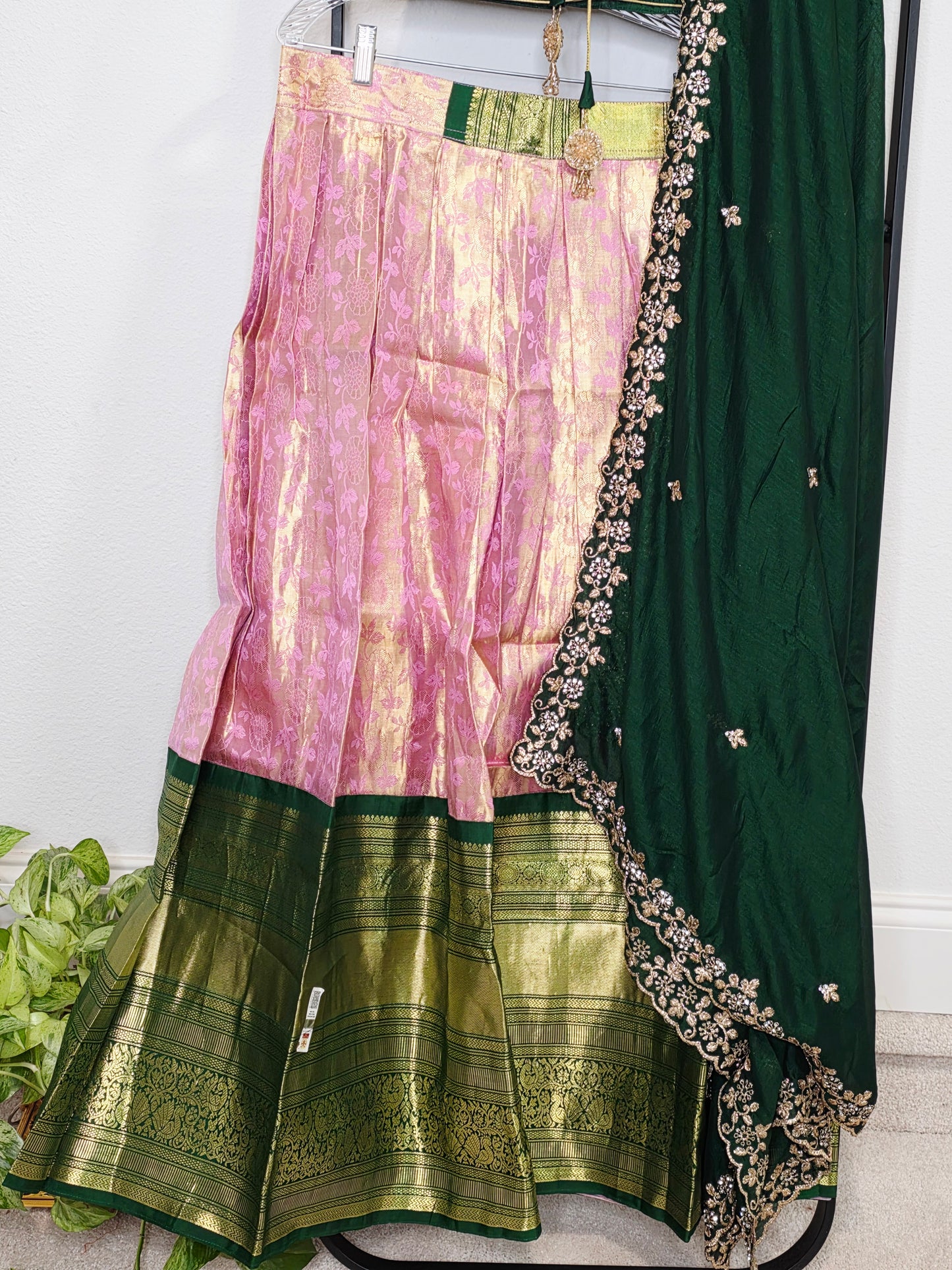 Emerald Green & Rose Gold Pure Kanchi Silk Lehenga Set with Embroidered Dupatta