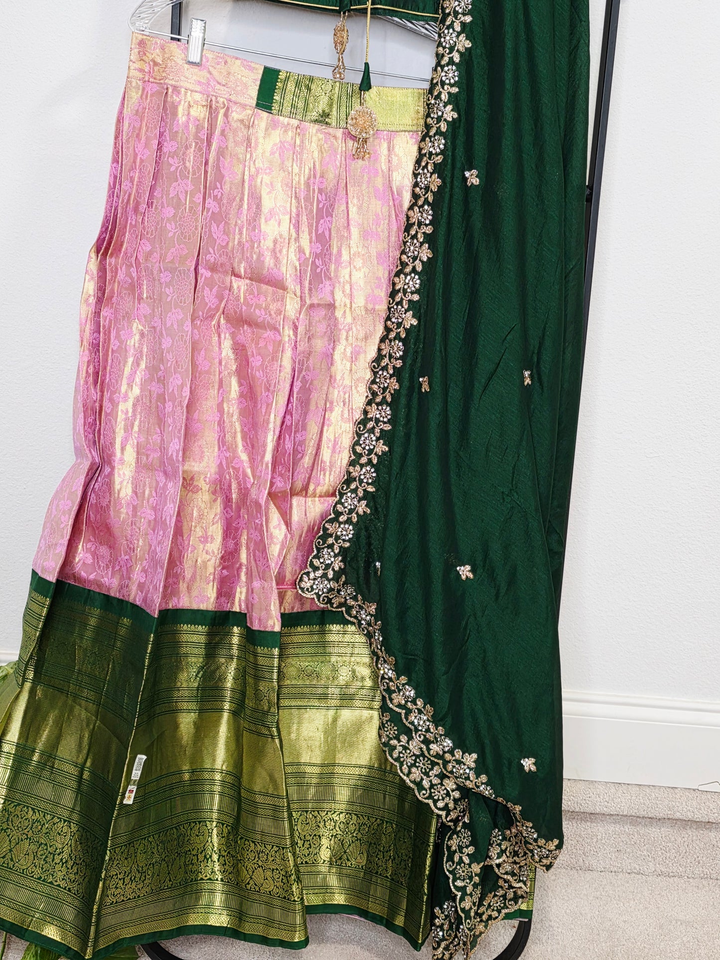 Emerald Green & Rose Gold Pure Kanchi Silk Lehenga Set with Embroidered Dupatta