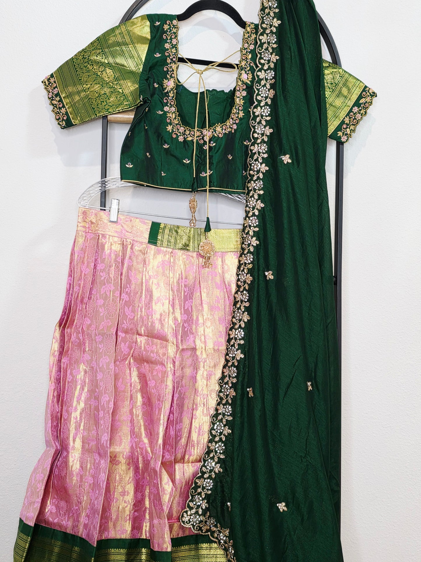 Emerald Green & Rose Gold Pure Kanchi Silk Lehenga Set with Embroidered Dupatta