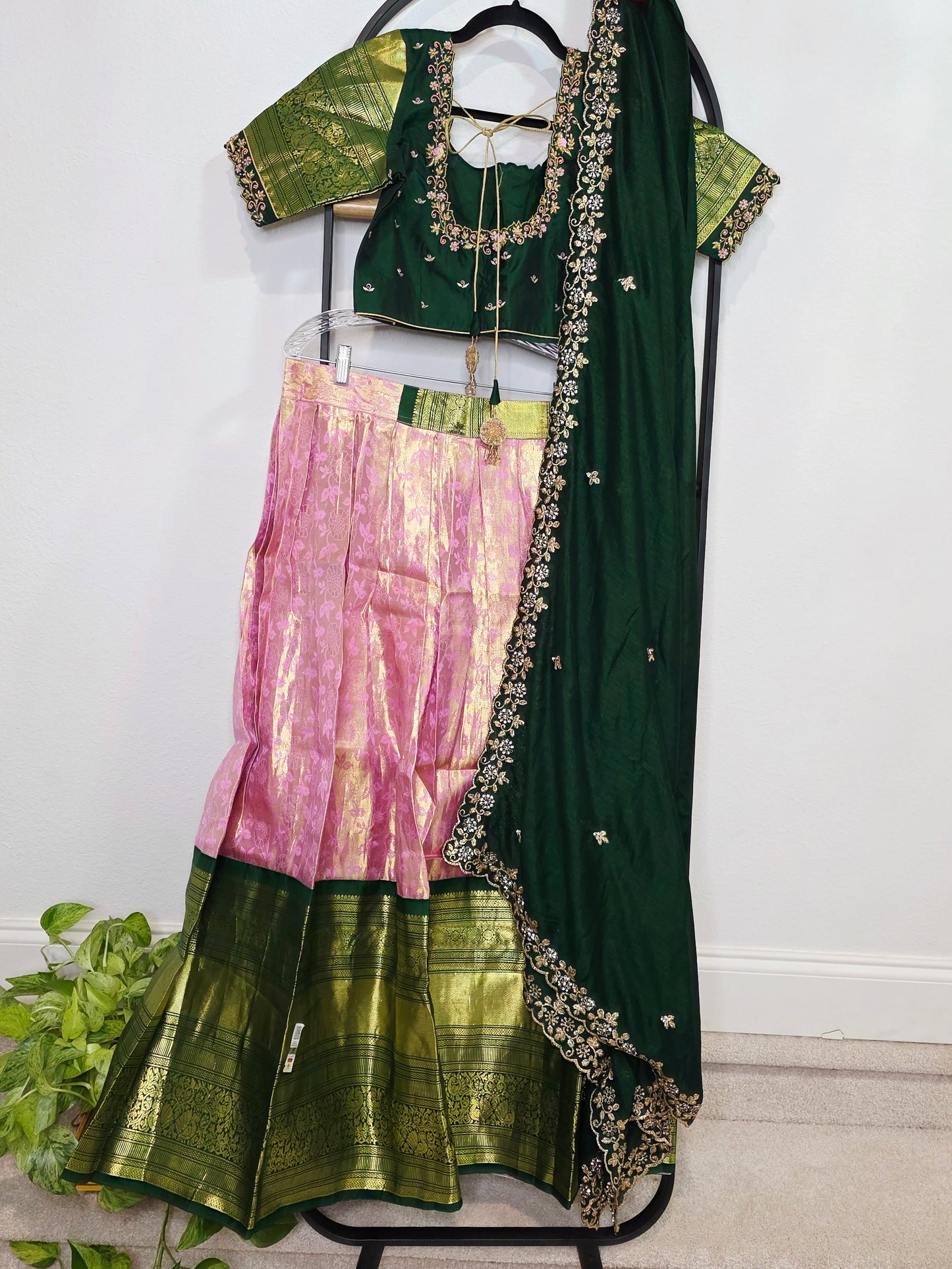 Emerald Green & Rose Gold Pure Kanchi Silk Lehenga Set with Embroidered Dupatta