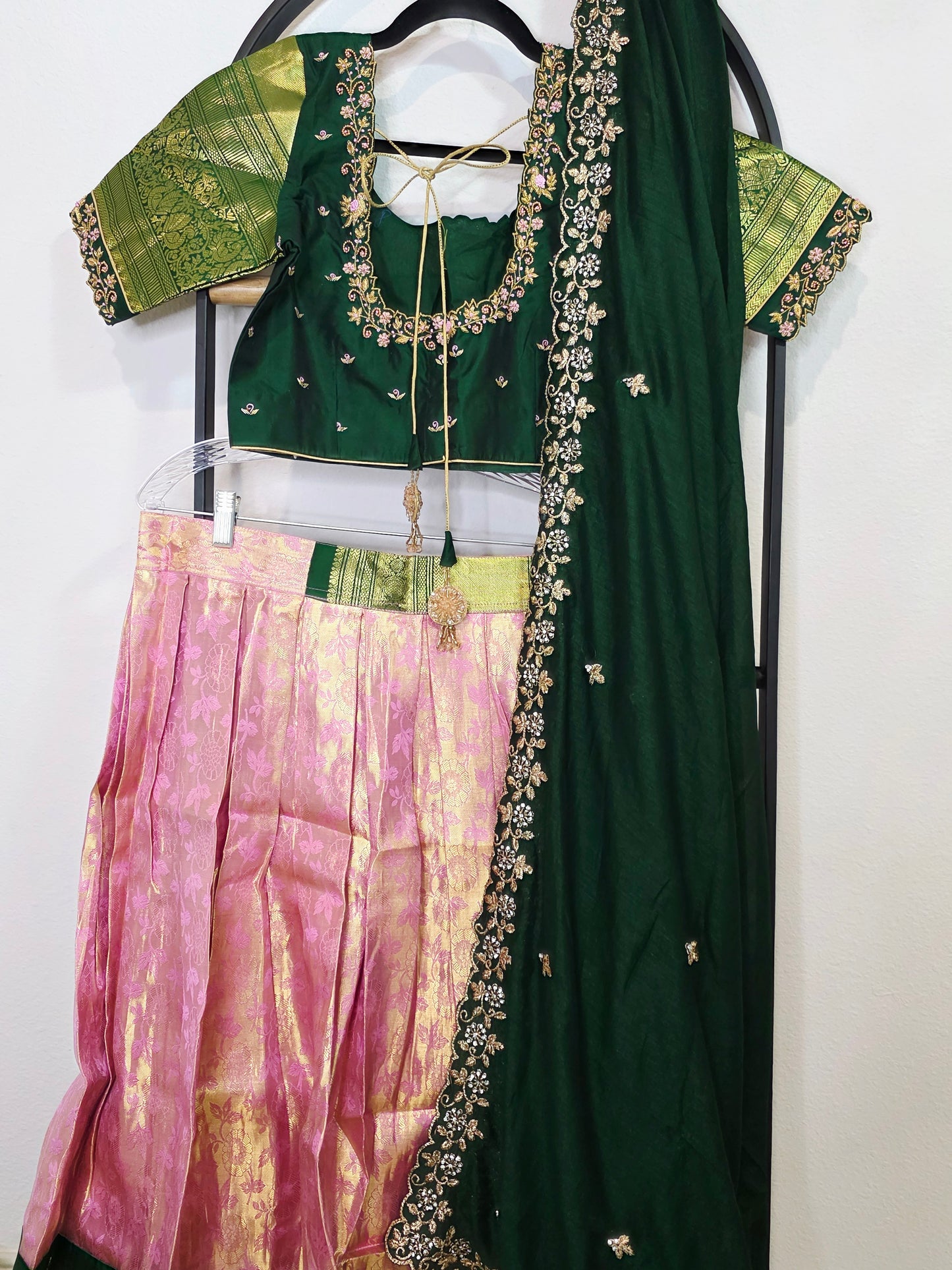Emerald Green & Rose Gold Pure Kanchi Silk Lehenga Set with Embroidered Dupatta