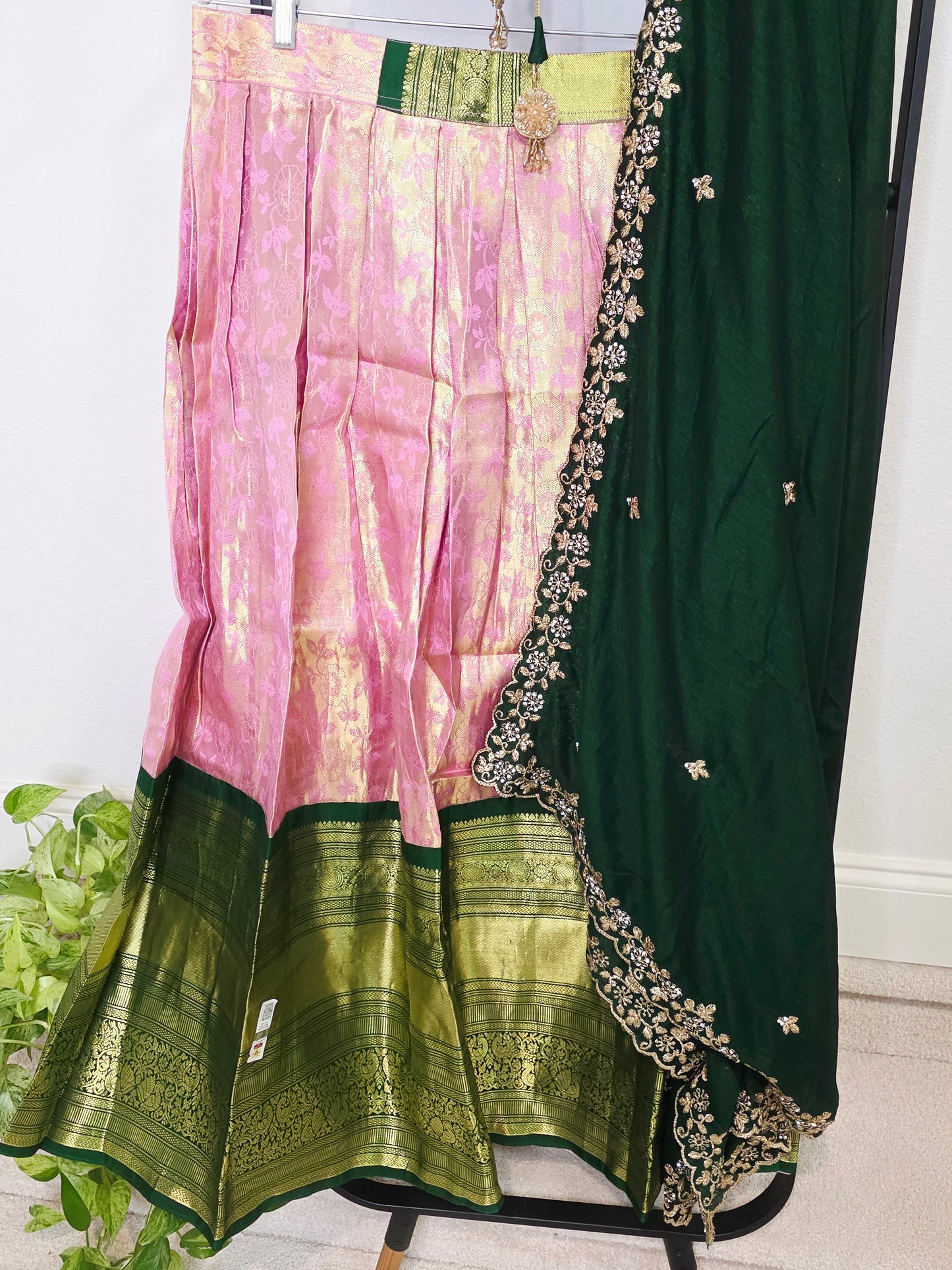 Emerald Green & Rose Gold Pure Kanchi Silk Lehenga Set with Embroidered Dupatta
