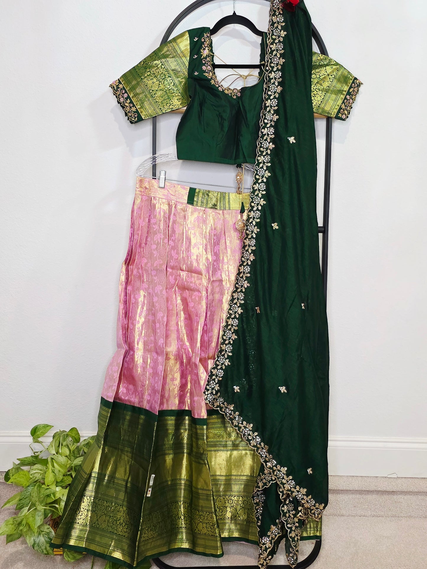 Emerald Green & Rose Gold Pure Kanchi Silk Lehenga Set with Embroidered Dupatta