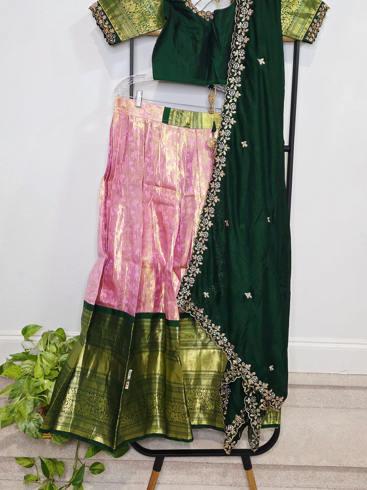 Emerald Green & Rose Gold Pure Kanchi Silk Lehenga Set with Embroidered Dupatta