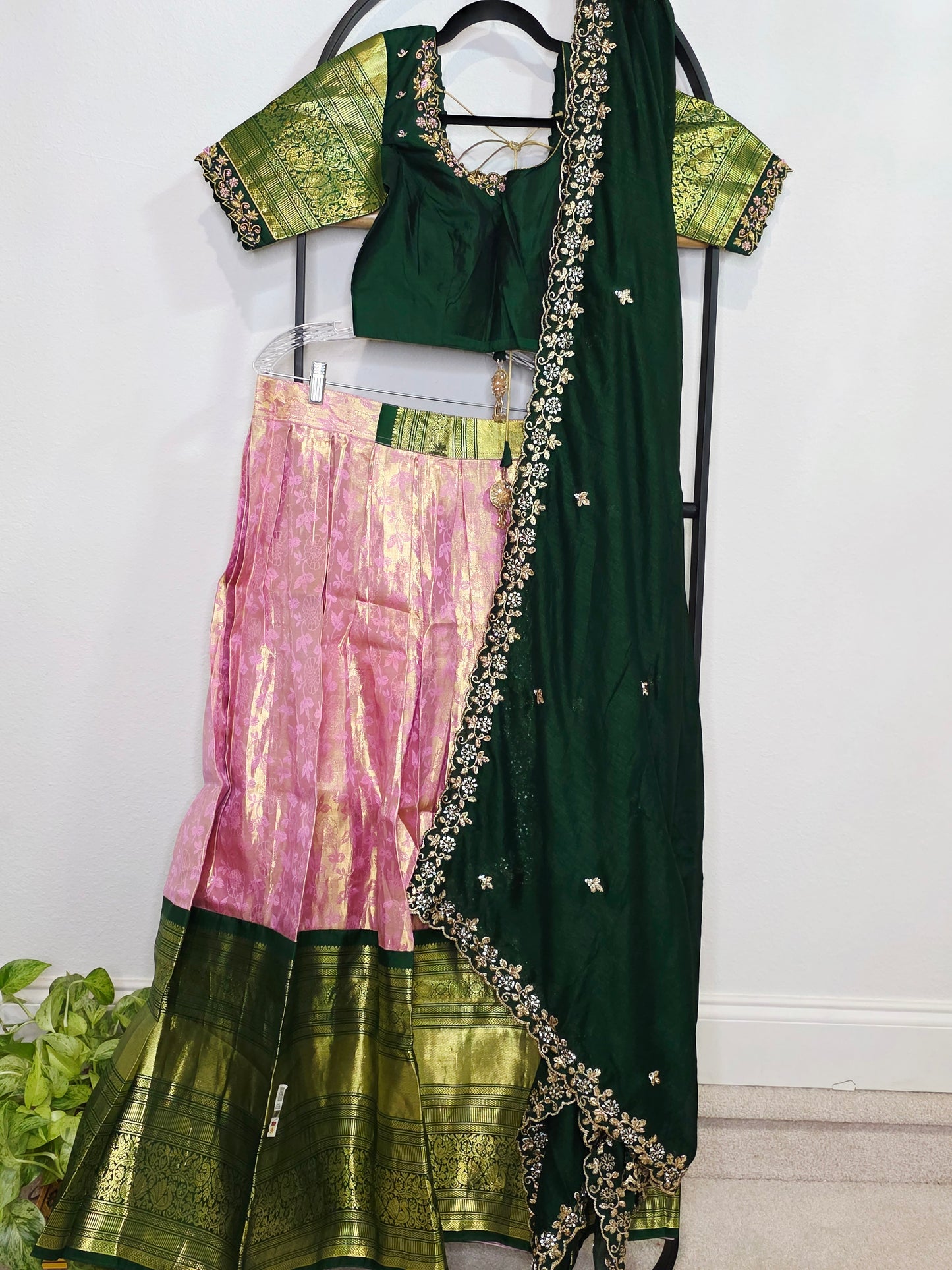 Emerald Green & Rose Gold Pure Kanchi Silk Lehenga Set with Embroidered Dupatta