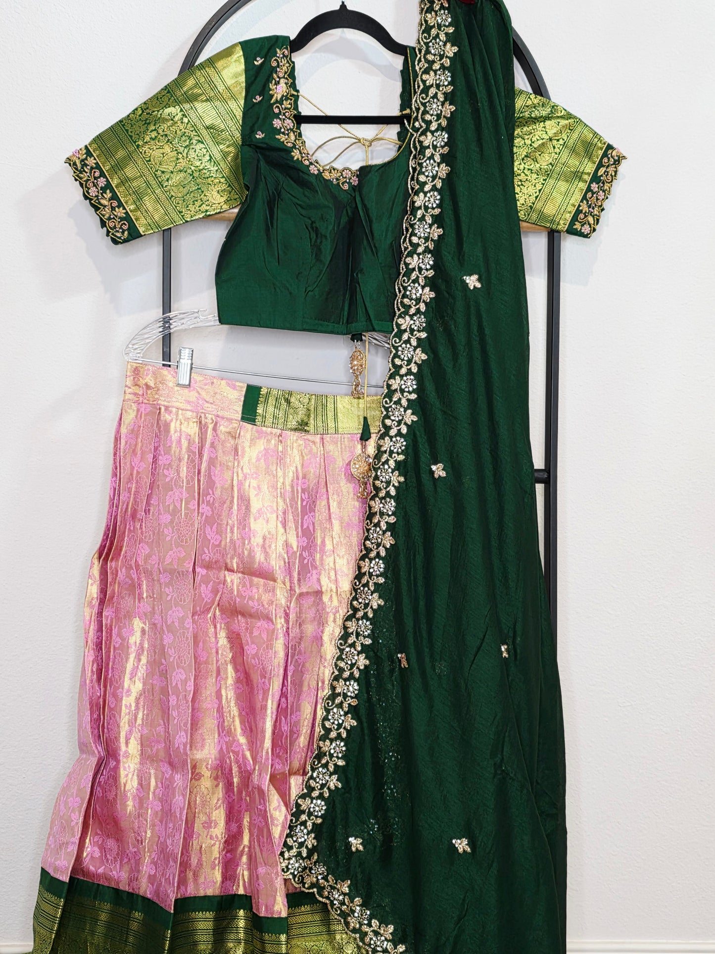 Emerald Green & Rose Gold Pure Kanchi Silk Lehenga Set with Embroidered Dupatta