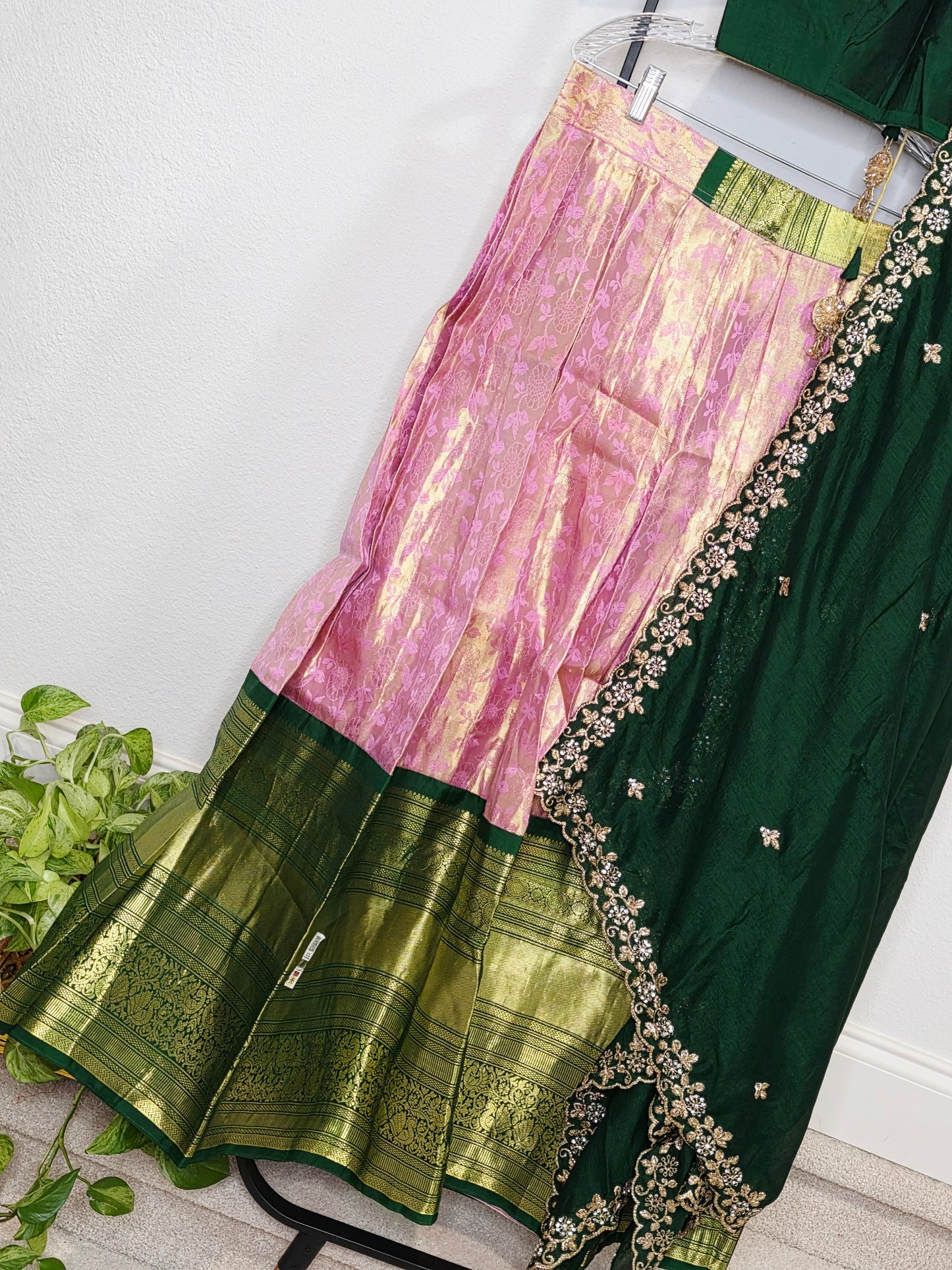 Emerald Green & Rose Gold Pure Kanchi Silk Lehenga Set with Embroidered Dupatta