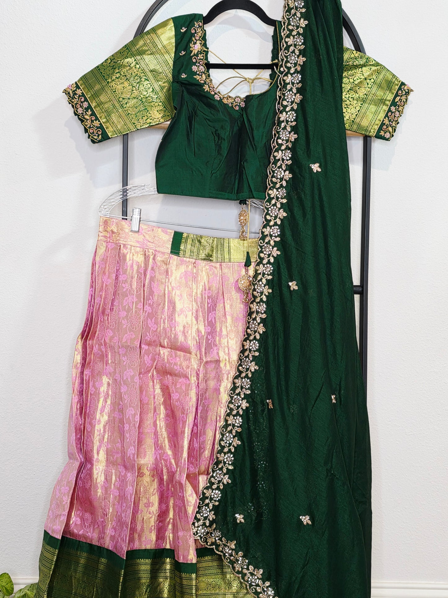 Emerald Green & Rose Gold Pure Kanchi Silk Lehenga Set with Embroidered Dupatta