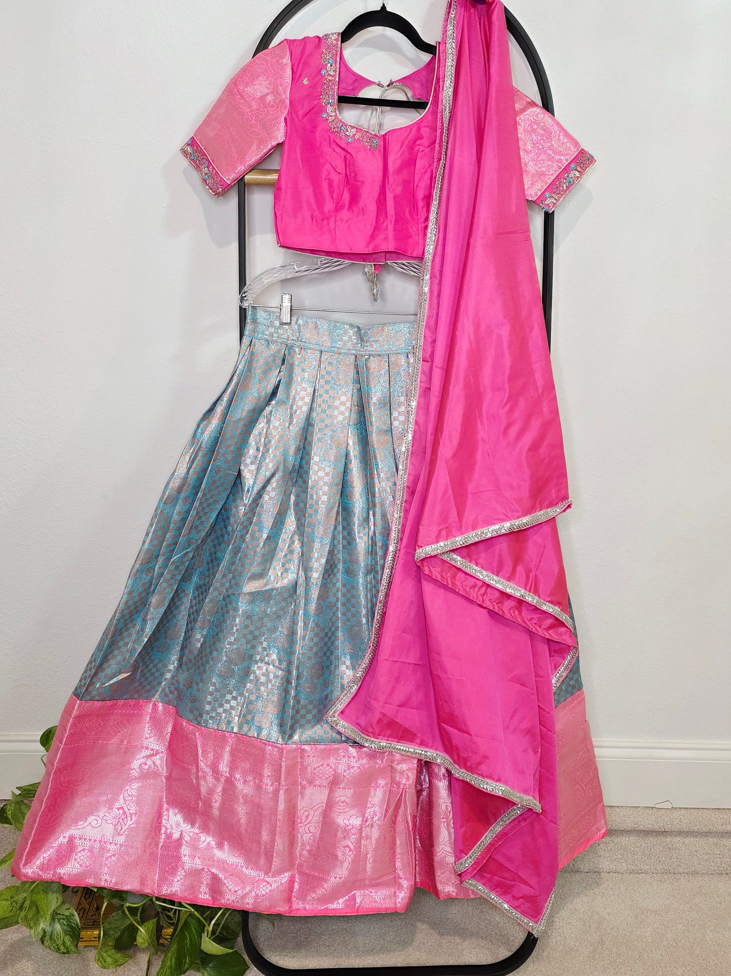 Rose Pink & Aqua Blue Semi Kanchi Silk Lehenga Set for Juniors | Ready to Wear | Age 11+