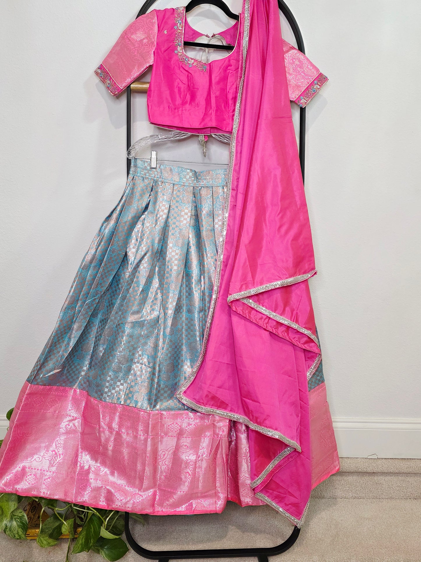 Rose Pink & Aqua Blue Semi Kanchi Silk Lehenga Set for Juniors | Ready to Wear | Age 11+