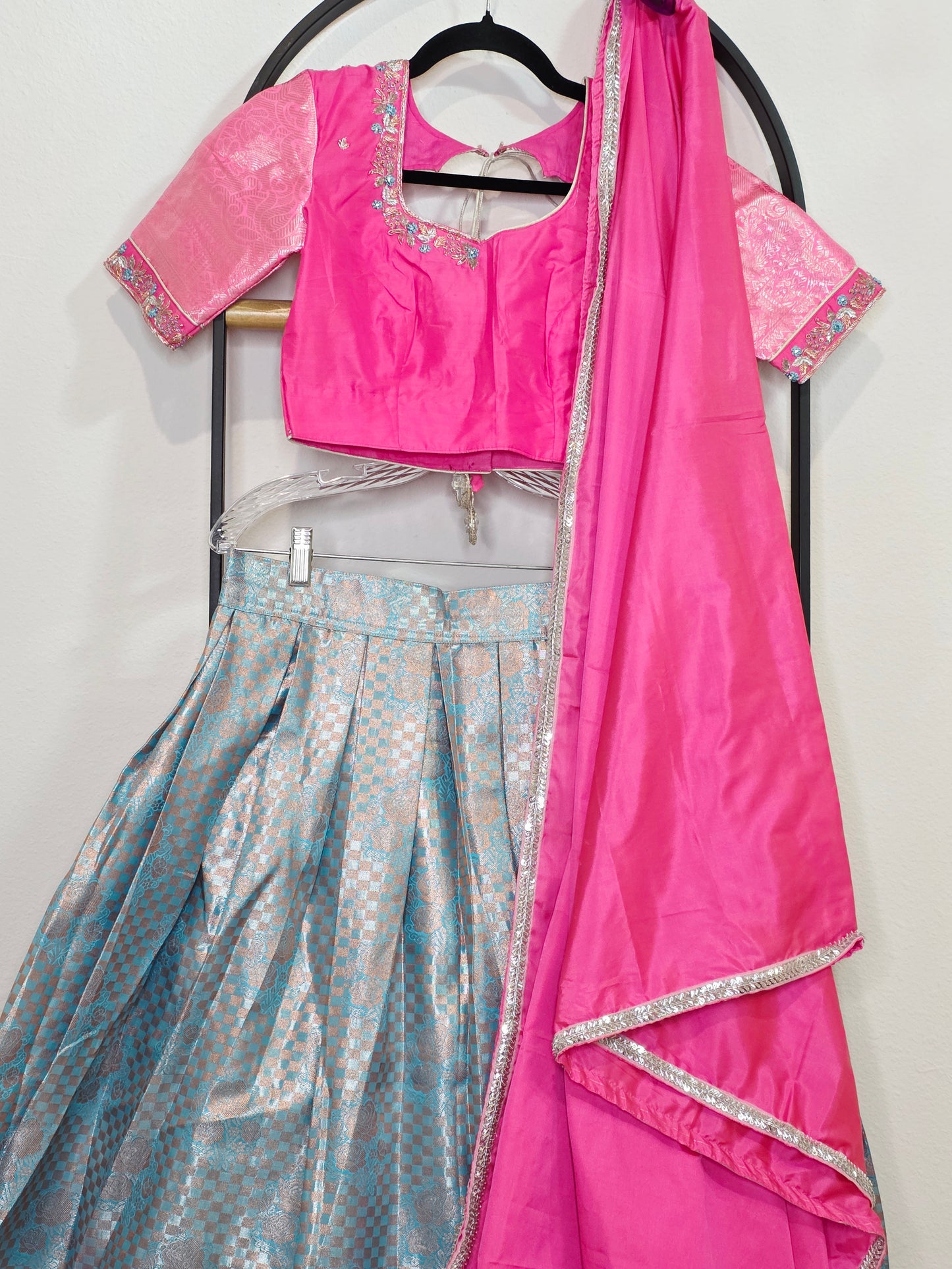 Rose Pink & Aqua Blue Semi Kanchi Silk Lehenga Set for Juniors | Ready to Wear | Age 11+