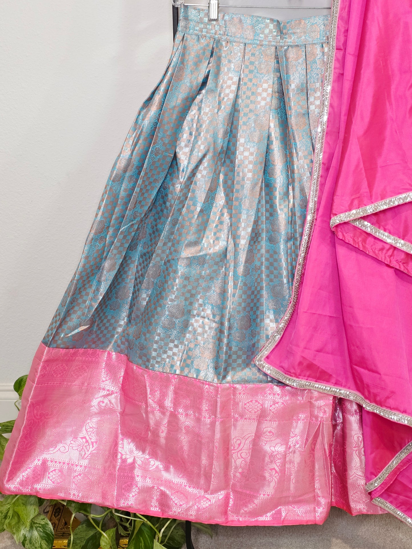 Rose Pink & Aqua Blue Semi Kanchi Silk Lehenga Set for Juniors | Ready to Wear | Age 11+