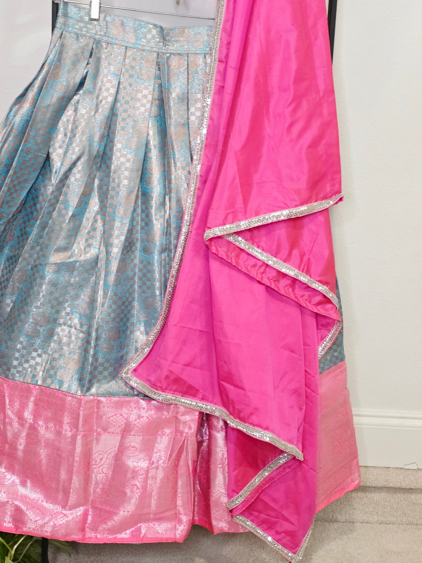 Rose Pink & Aqua Blue Semi Kanchi Silk Lehenga Set for Juniors | Ready to Wear | Age 11+