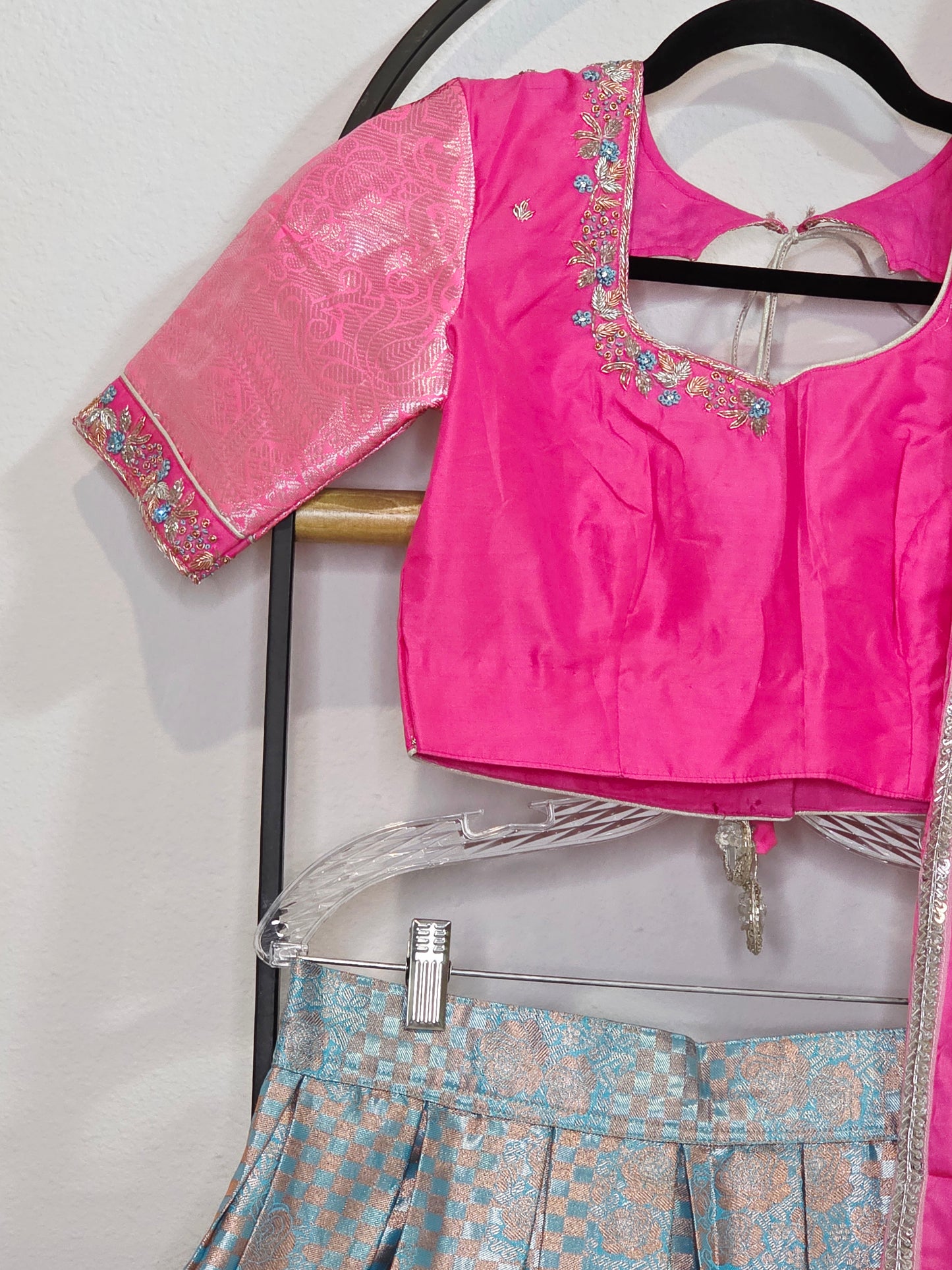 Rose Pink & Aqua Blue Semi Kanchi Silk Lehenga Set for Juniors | Ready to Wear | Age 11+