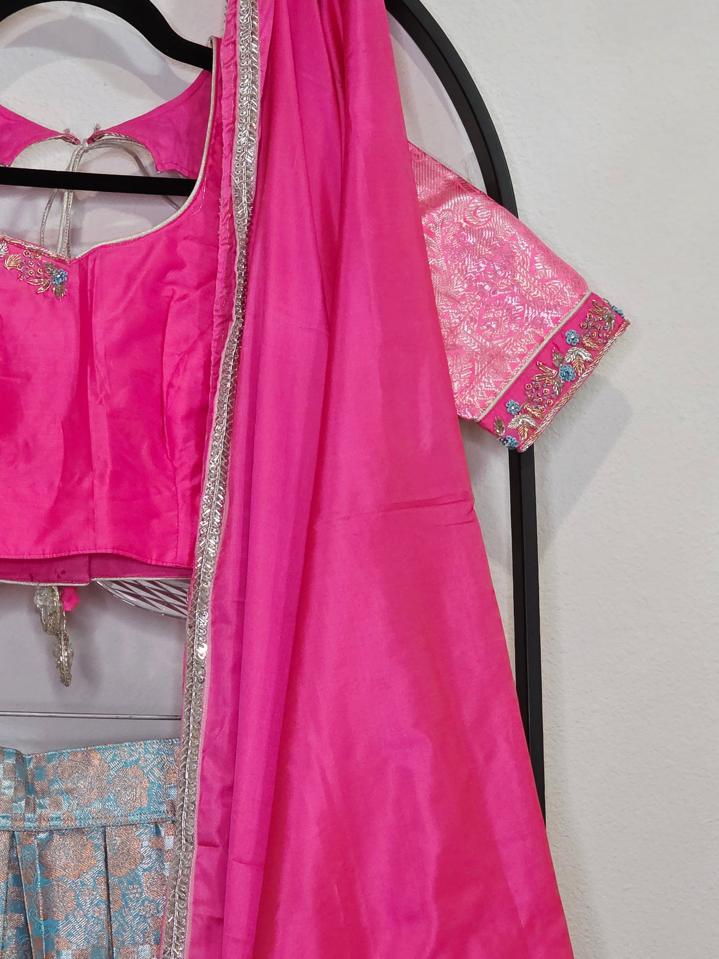 Rose Pink & Aqua Blue Semi Kanchi Silk Lehenga Set for Juniors | Ready to Wear | Age 11+